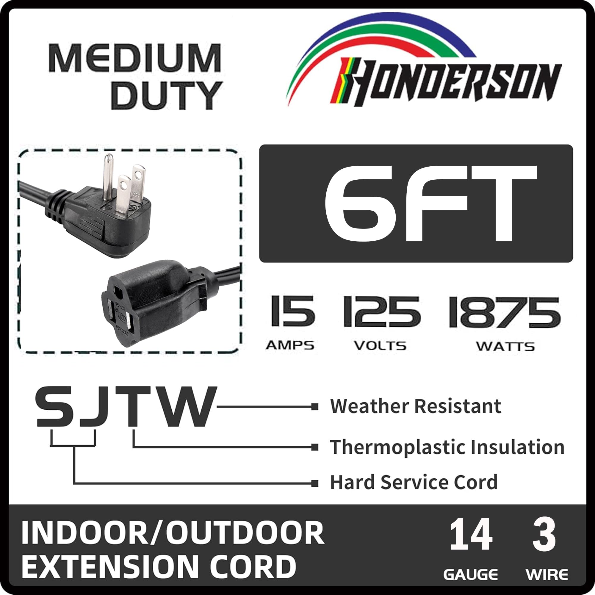 Honderson Flat Plug Extension Cord, Ul Listed, Indoor Extension Cord 14 Gauge 6Ft Black, 14/3 Spt 3 15A 3 Prong Grounded Power C