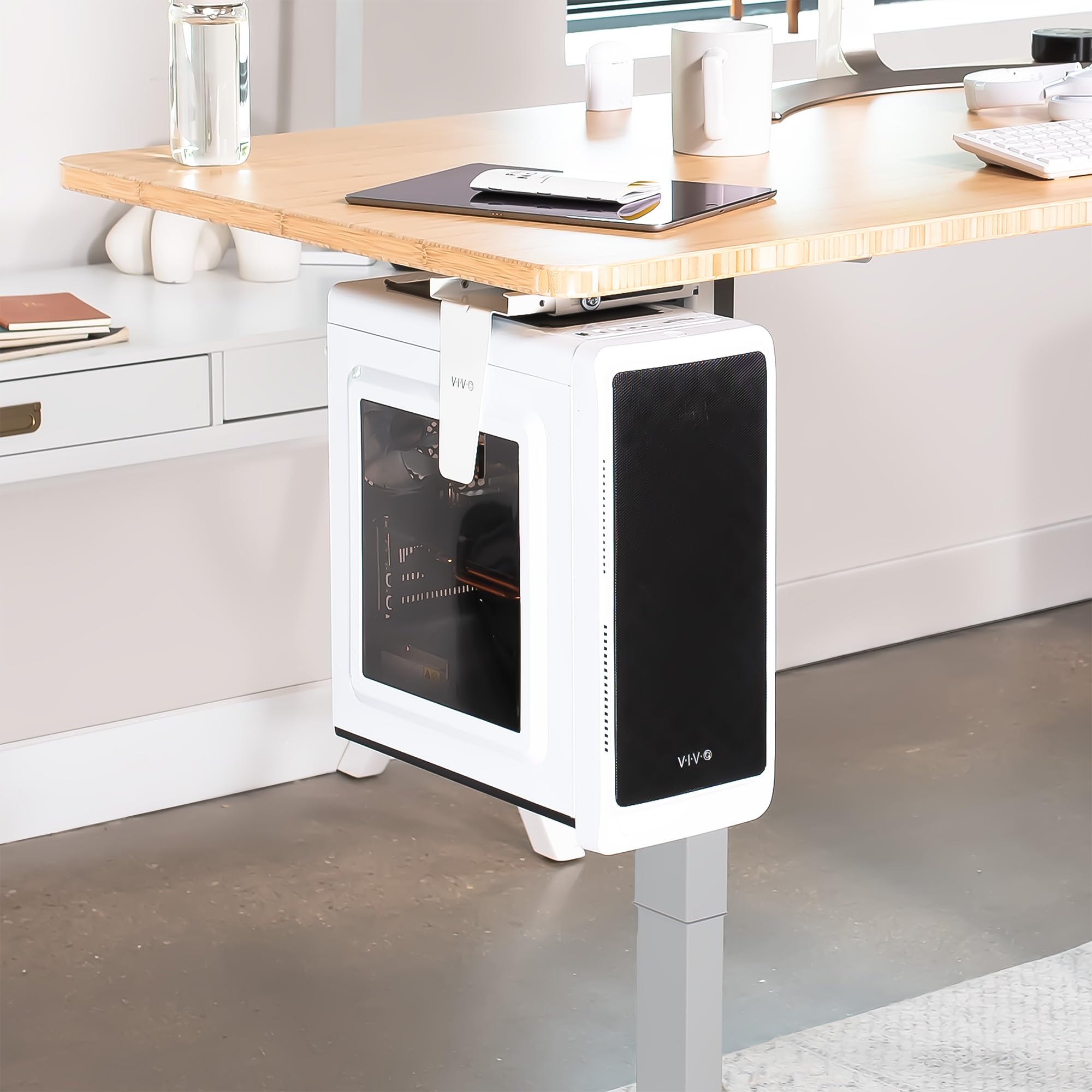 VIVO Adjustable Under Desk and Wall Mount for PC 3.5   7.8 inches Wide, Computer Case CPU Holder with Swivel and Secure Locking, White, MOUNT PC01W