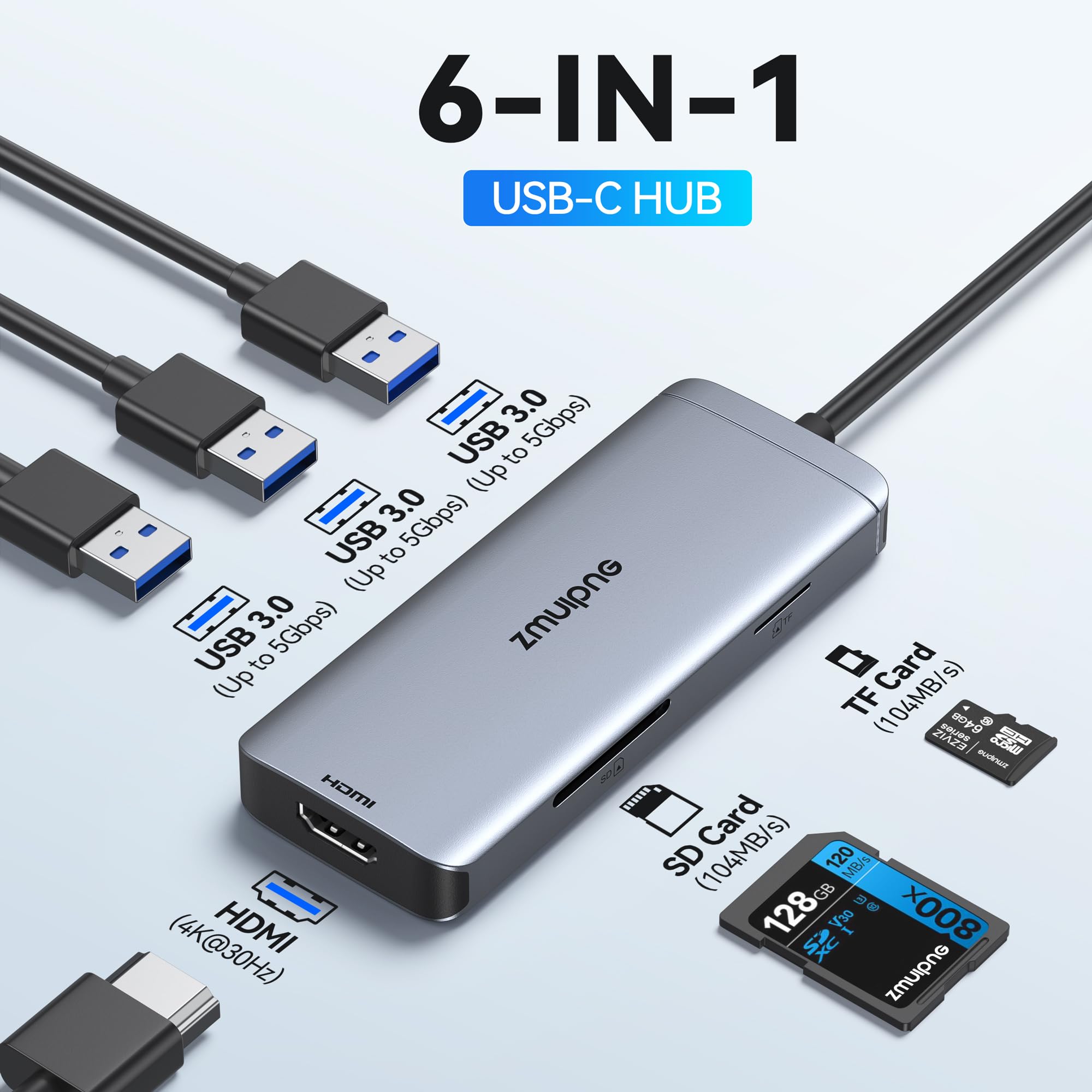 Usb C Hub Adapter For Macbook Pro Air Usb C Hdmi Port Dongle For Mac Converter 6 In 1 With 4K Hdmi,Usb 3.0 Ports,Sd,Tf For Macbo
