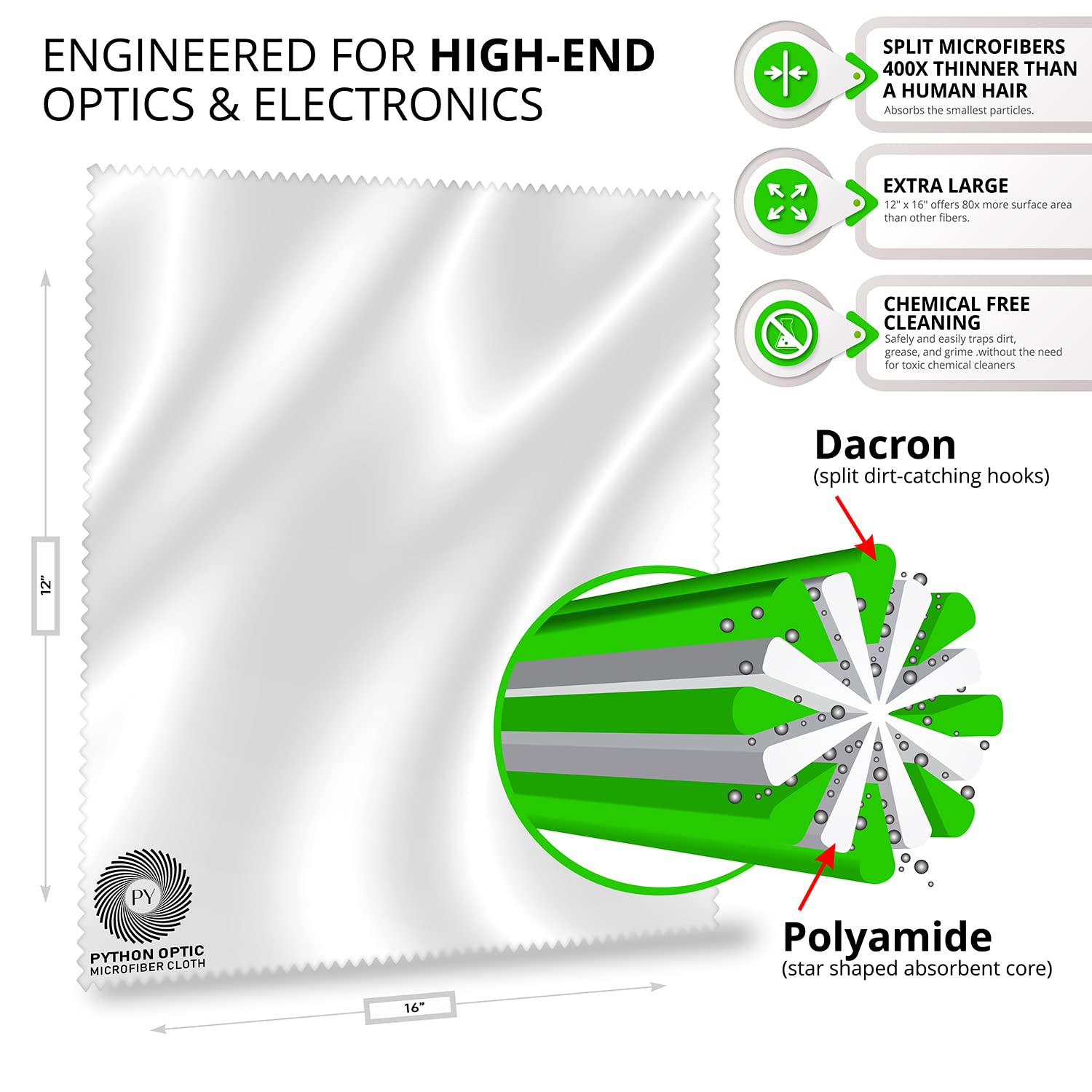 Python Premium Microfiber Cloth 12X16In   Scratch Free Optical Lens & Glasses Cleaner, Screen Cleaning For Computers, Tvs, Apple