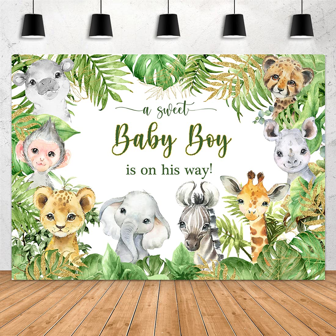 Aperturee 7X5Ft Jungle Safari Animals Baby Shower Backdrop Baby Boy Is On His Way It'S A Boy Photography Background Green Leaves Photo Booth Studio Cake Table Banner Party Decorations Props Supplies