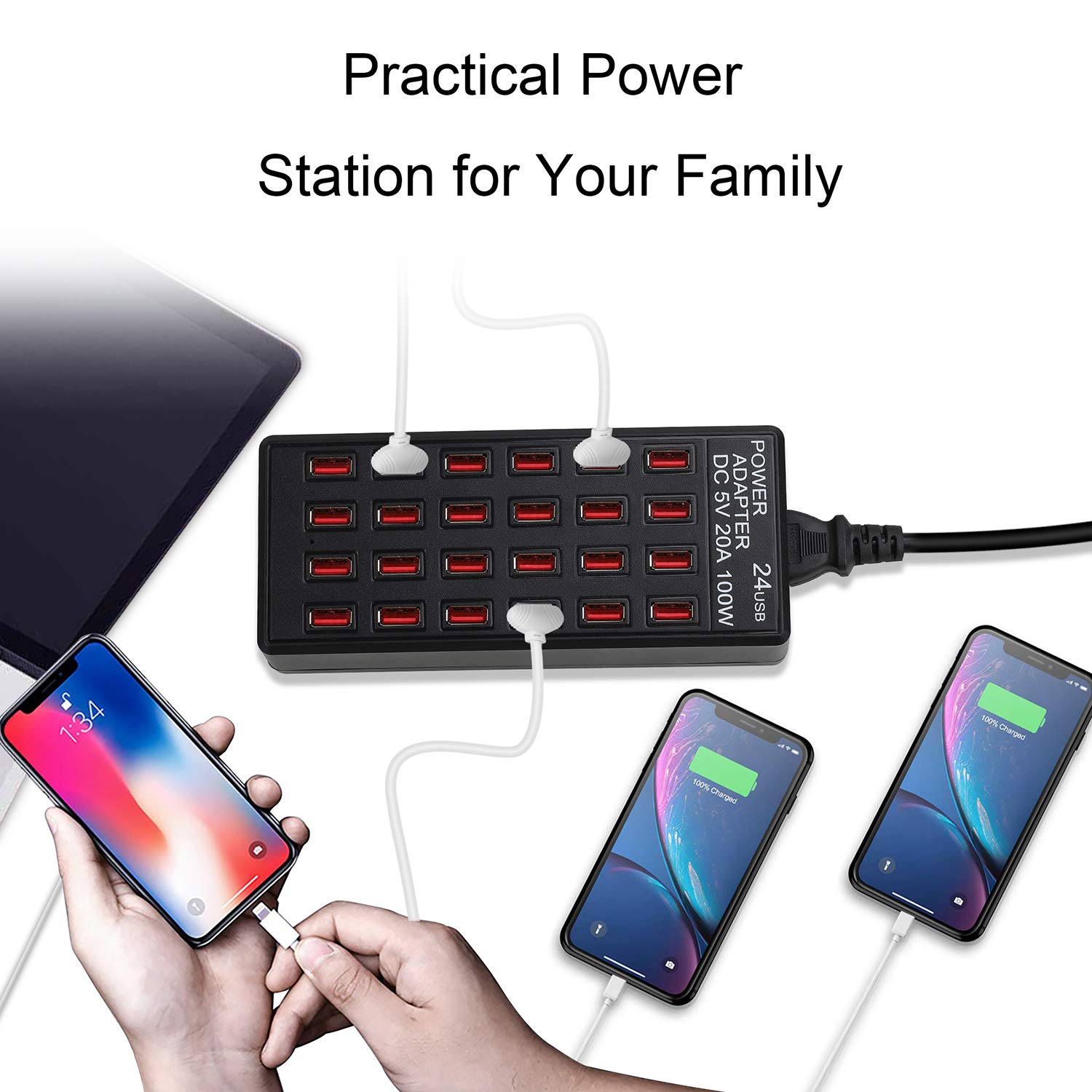 24 Port 100 Watt (20 A) Usb Charging Station, Home Desktop Fast Charger, Multiple Chargers, Suitable For Hotels, Shops, Schools, Shopping Malls And Travel