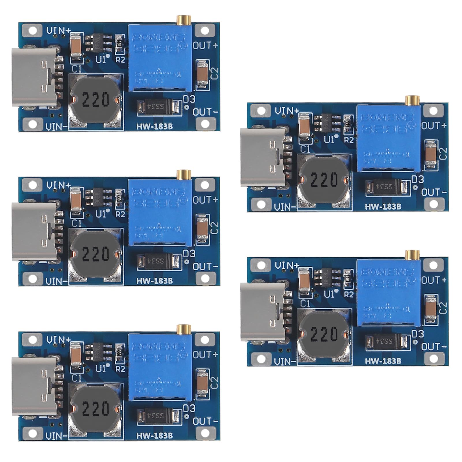Aitrip 5Pcs Type C Mt3608 Dc Dc Adjustable Boost Module 2A Dc Dc Boost Step Up Converter Module 2V 24V To 5V 9V 12V 28V Power Mo