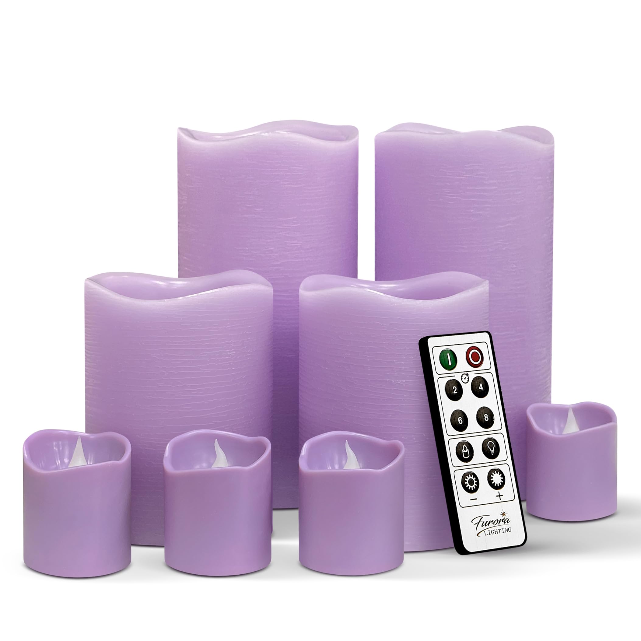 FURORA LIGHTING Purple Flameless Candles - Real Wax, Adjustable Brightness, Remote & Timer - 4 Pillars (3x4, 3x6) and 4 Votives,