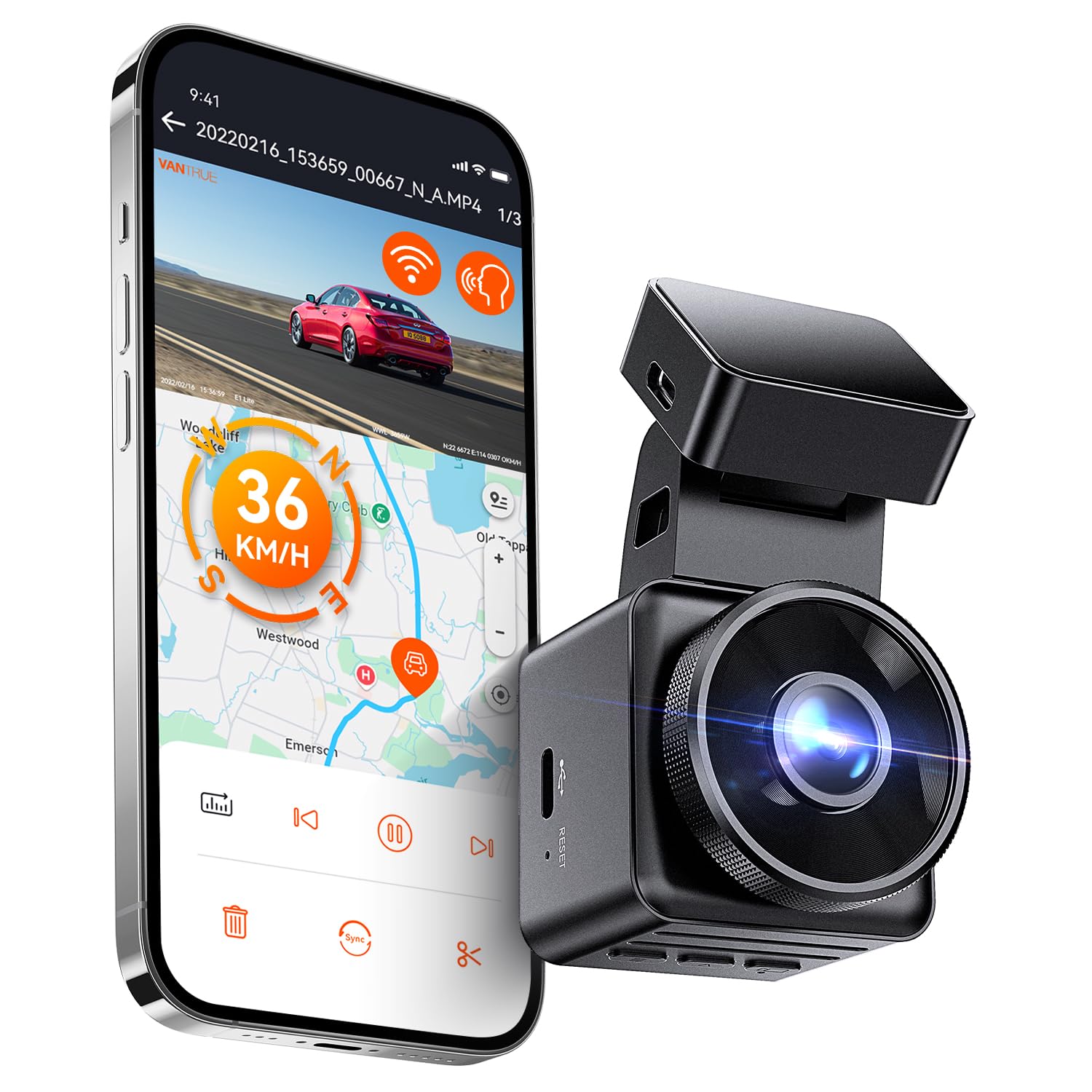 Vantrue E1 Lite 1080P WiFi Mini Dash Cam with GPS and Speed, Free App, Voice Control Detachable Dash Camera, 24 Hours Parking Mo