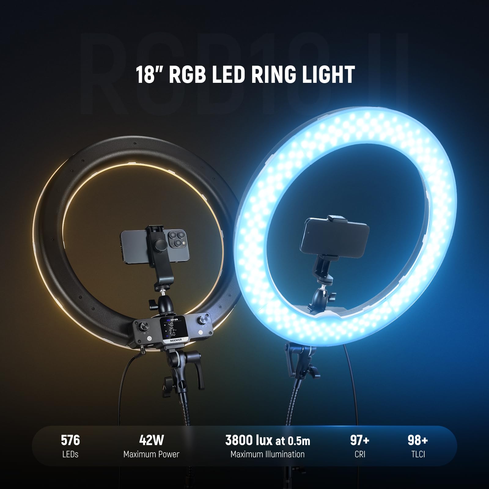 Neewer 18 Inch Rgb Led Ring Light App Control With Stand And Phone Holder, 42W Dimmable 2500K 10000K Gm50 Bi Color Cri97+/Tlci98