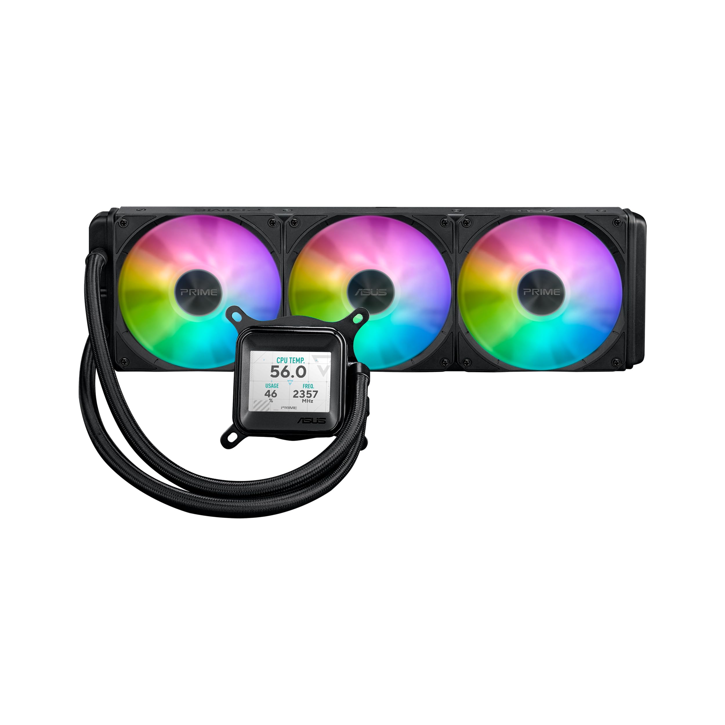 ASUS Prime LC ARGB LCD Allinone CPU Liquid Cooler with Sharp Screen showcasing CPU & GPU Information with Different Background