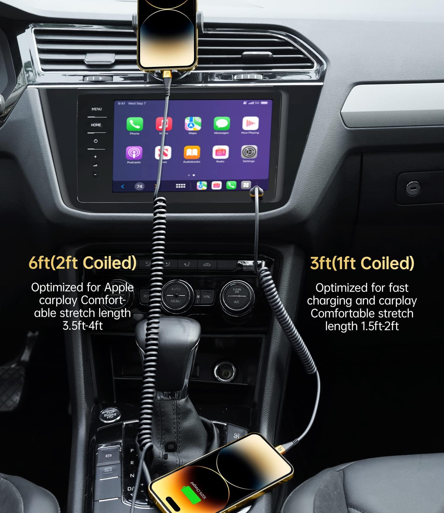Iphone Charger Cable For Car, 2 Pack 5Ft [Apple Mfi Certified] Coiled Lightning Cable Iphone Charger Cord Compatible With Iphone
