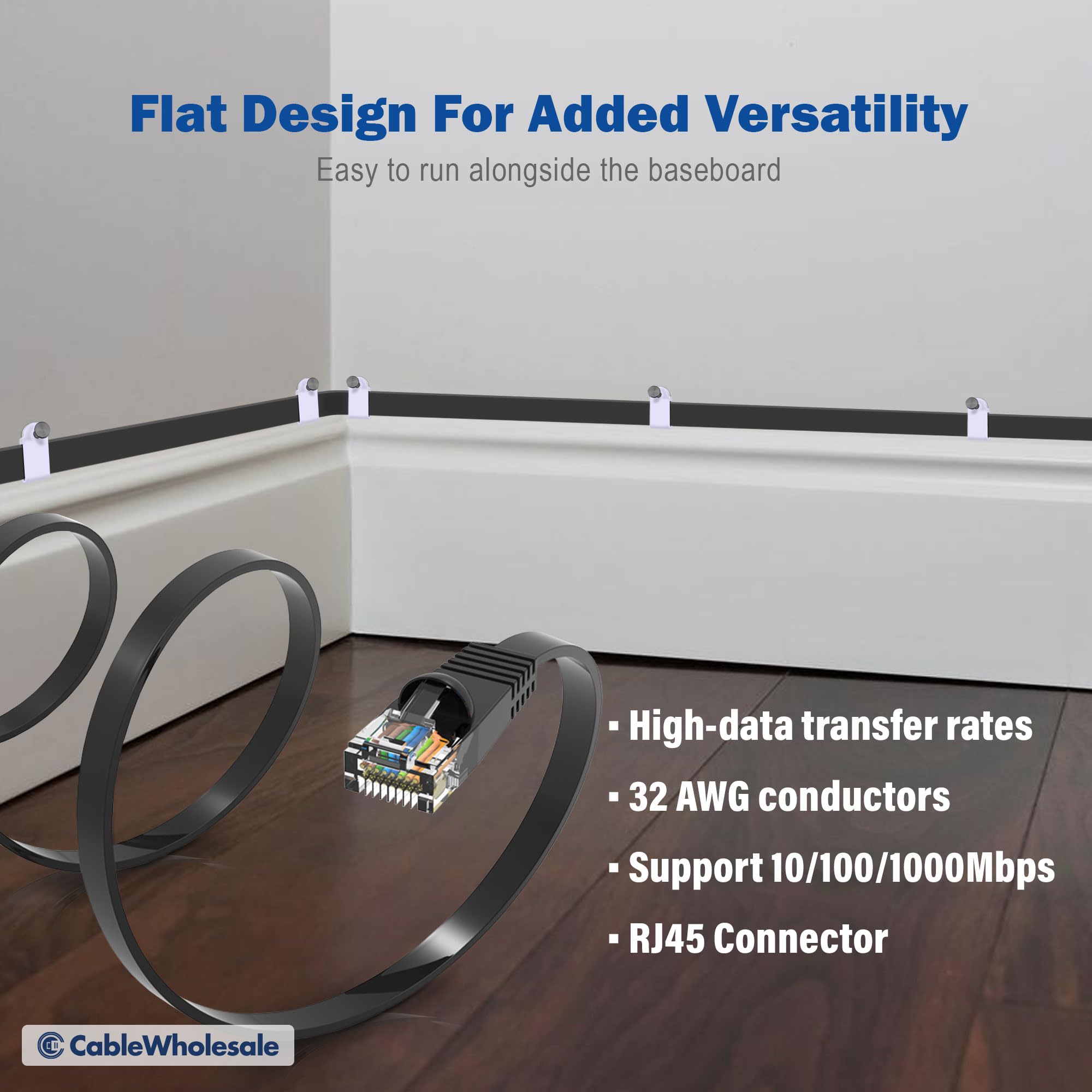 Cablewholesale Cat6 Ethernet Patch Cable, 6 Foot, Black Flat Cat6 Ethernet Cable, 32Awg, Utp (Unshielded Twisted Pair) Internet
