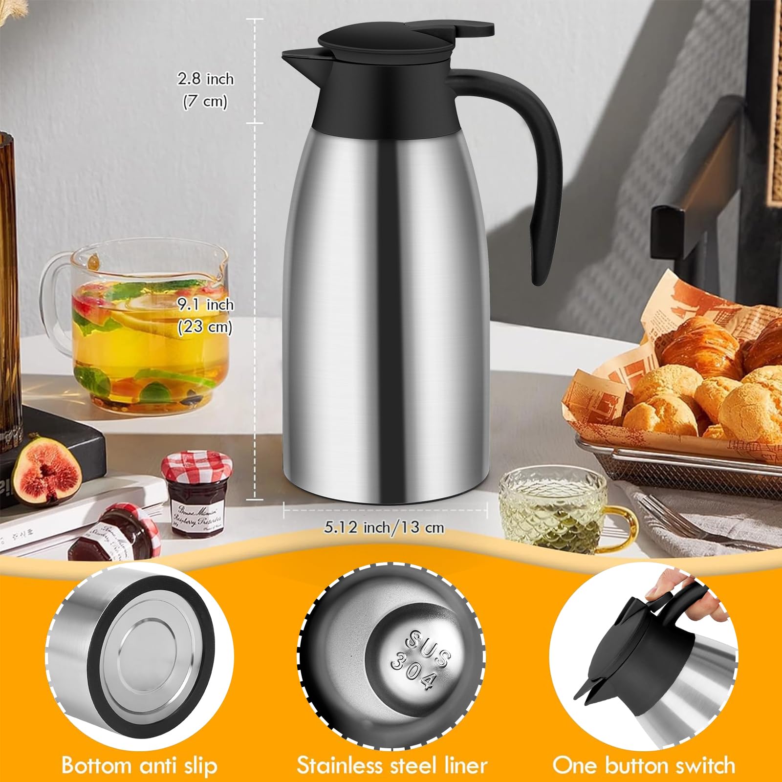 70Oz Thermal Coffee Carafe Insulated Coffee Thermos,Stainless Steel Thermos Pitcher,Double Walled Vacuum Insulation Coffee Caraf