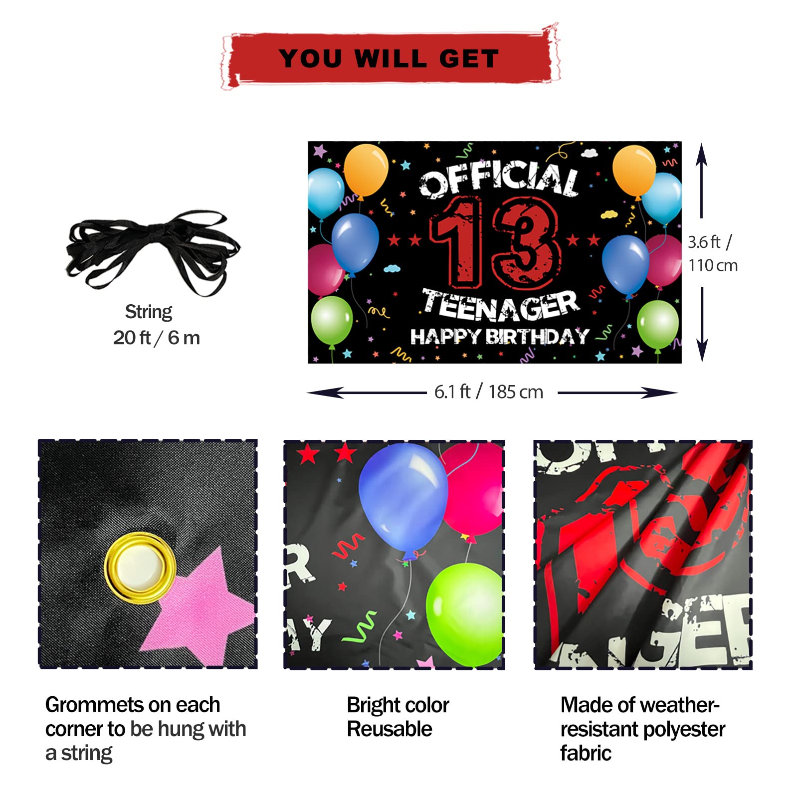 Htdzzi 13Th Birthday Decoration For Boys Girls, Happy 13Th Birthday Backdrop Banner, Official Teenager 13 Birthday Party Yard Si