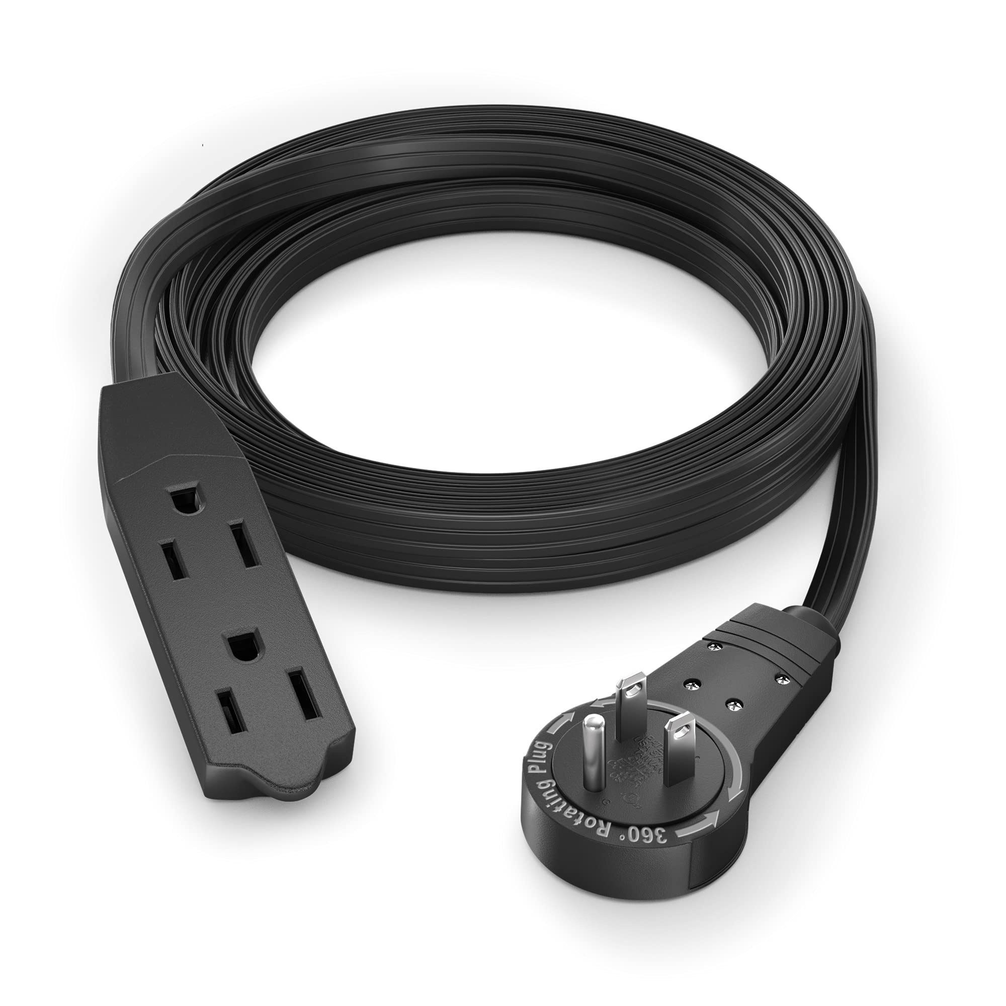 Maximm Cable 8 Ft 360 Rotating Flat Plug Extension Cord/Wire, 16/3 Awg Multi 3 Outlet 3-Prong Grounded Wire- Black - Ul Certifie