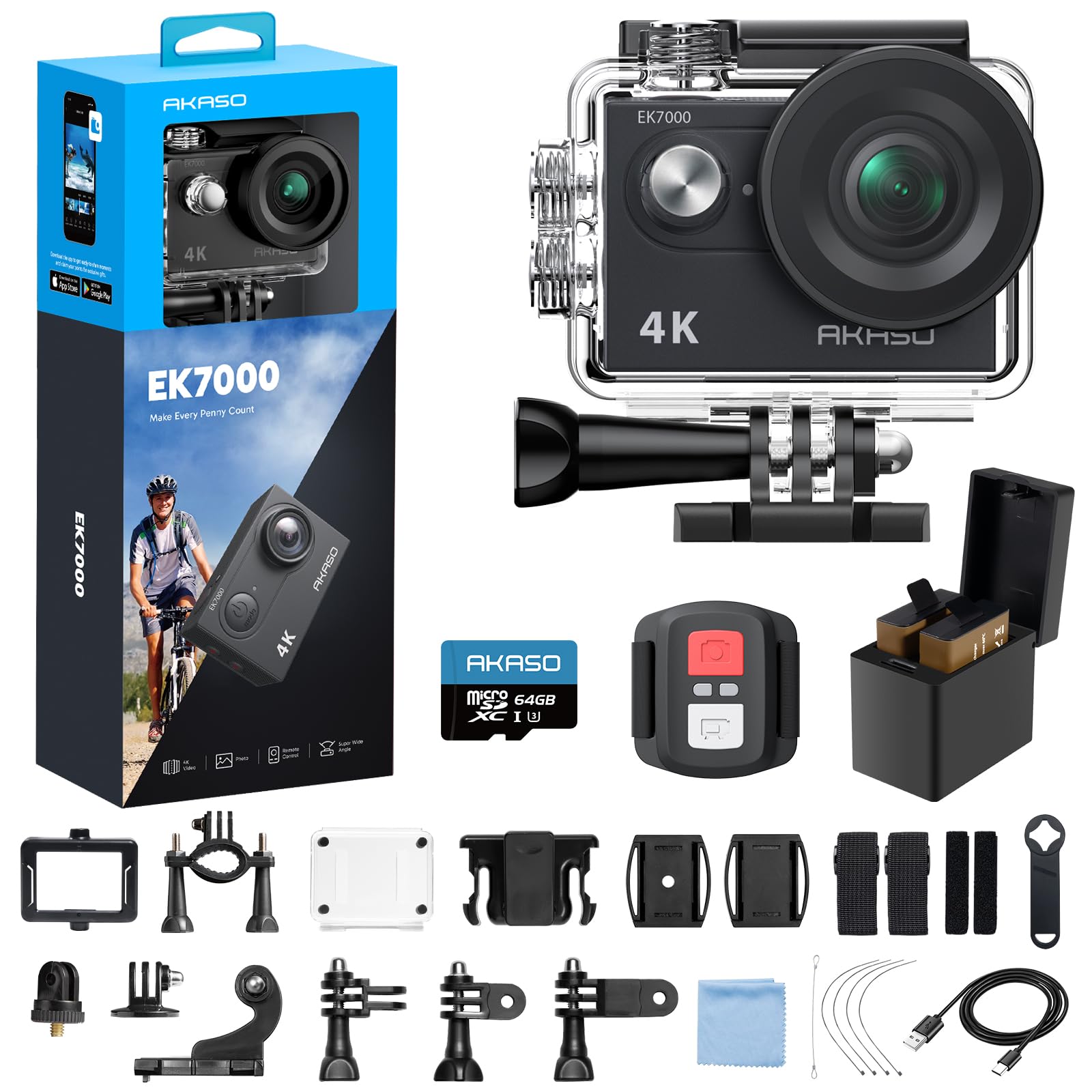 AKASO EK7000 4K30fps Action Camera with 64GB MicroSDXC U3 Memory Card Accessories Kit Bundle Ultra HD 131FT Waterproof Underwate