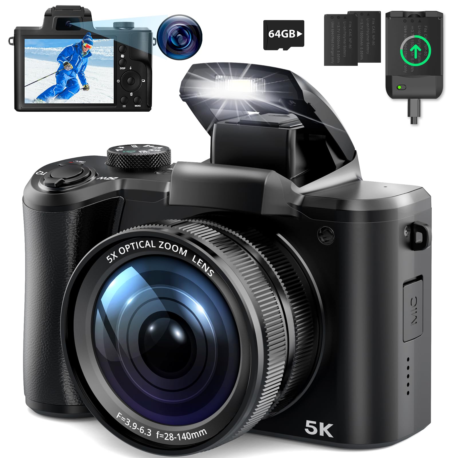 5K Digital Camera For Photography, Newest 64Mp Autofocus Vlogging Camera For Youtube With Front And Rear Lens, 5X Optical Zoom C