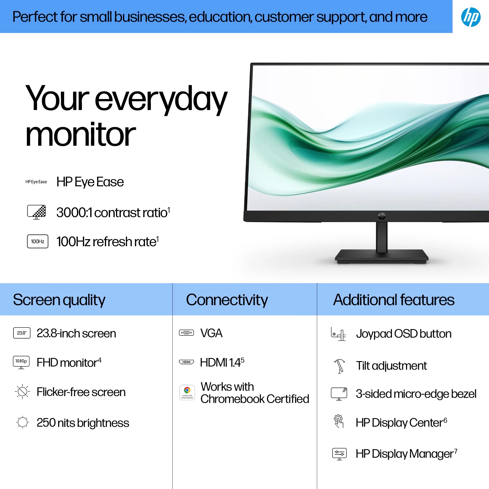 Hp 24'' Fhd Va Monitor With 5 Ms Response Time, Anti-Glare, Flicker Free, Vesa Mount (100X100Mm), Hdmi, Vga & Dockztorm Usb Port