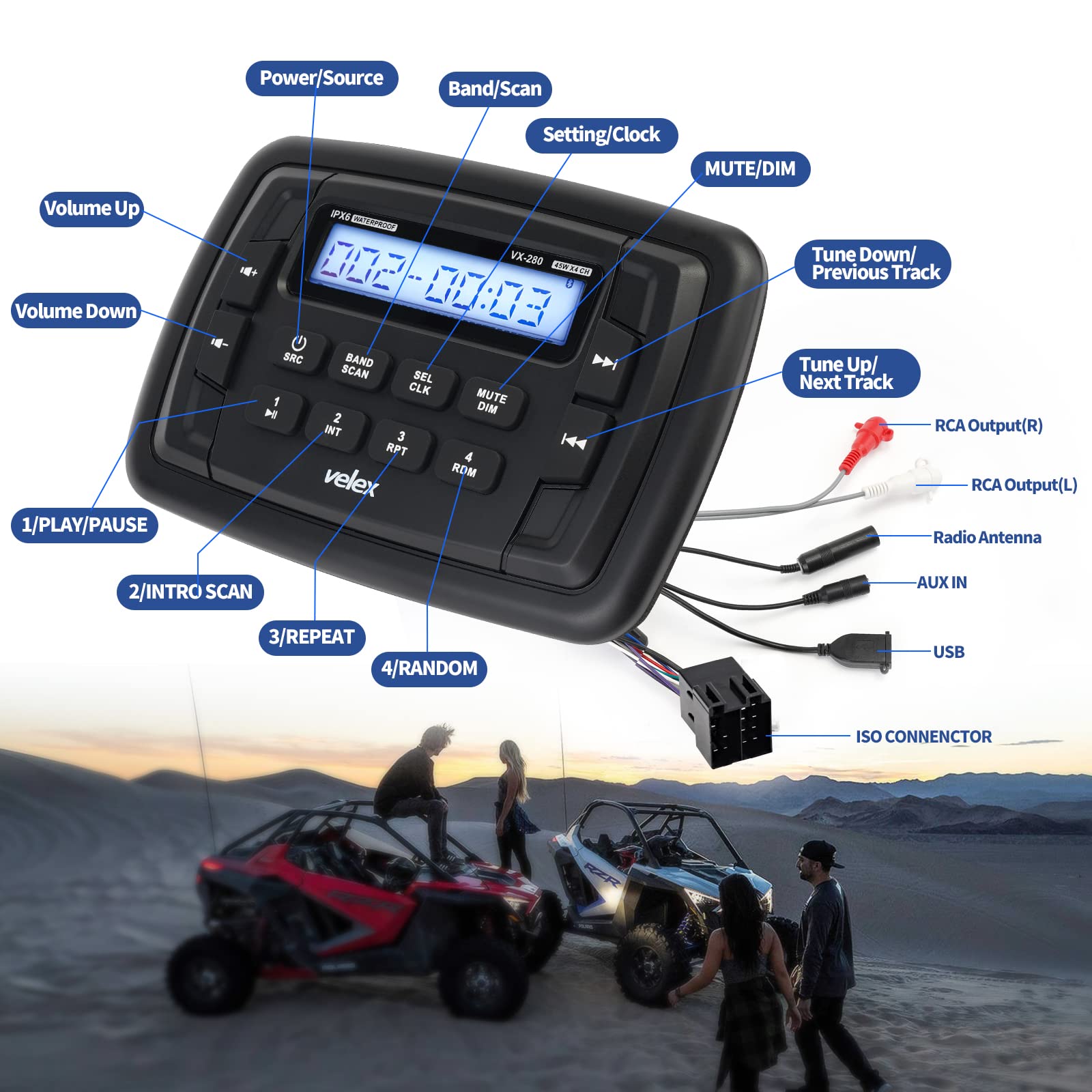 Velex Powersport Marine Stereo Radio Am Fm Tuner Stereo 4 X 45W Bluetooth Streaming Utv Atv