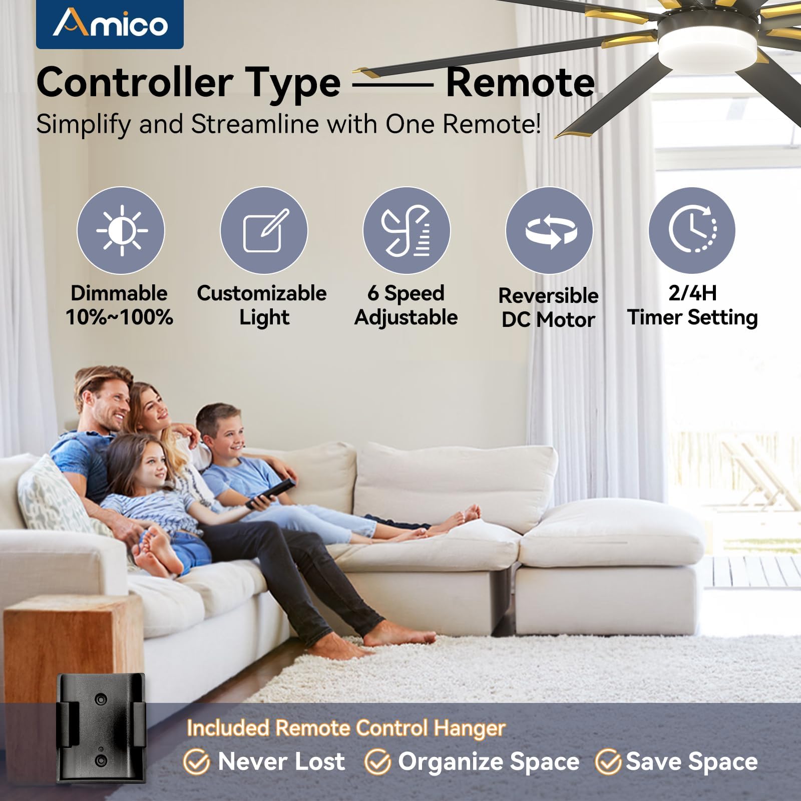 Amico 84 Inch Ceiling Fan With Light, Industrial Large Ceiling Fan With Quiet Dc Motor, 8 Aluminum Reversible Blades, 6 Speed Re