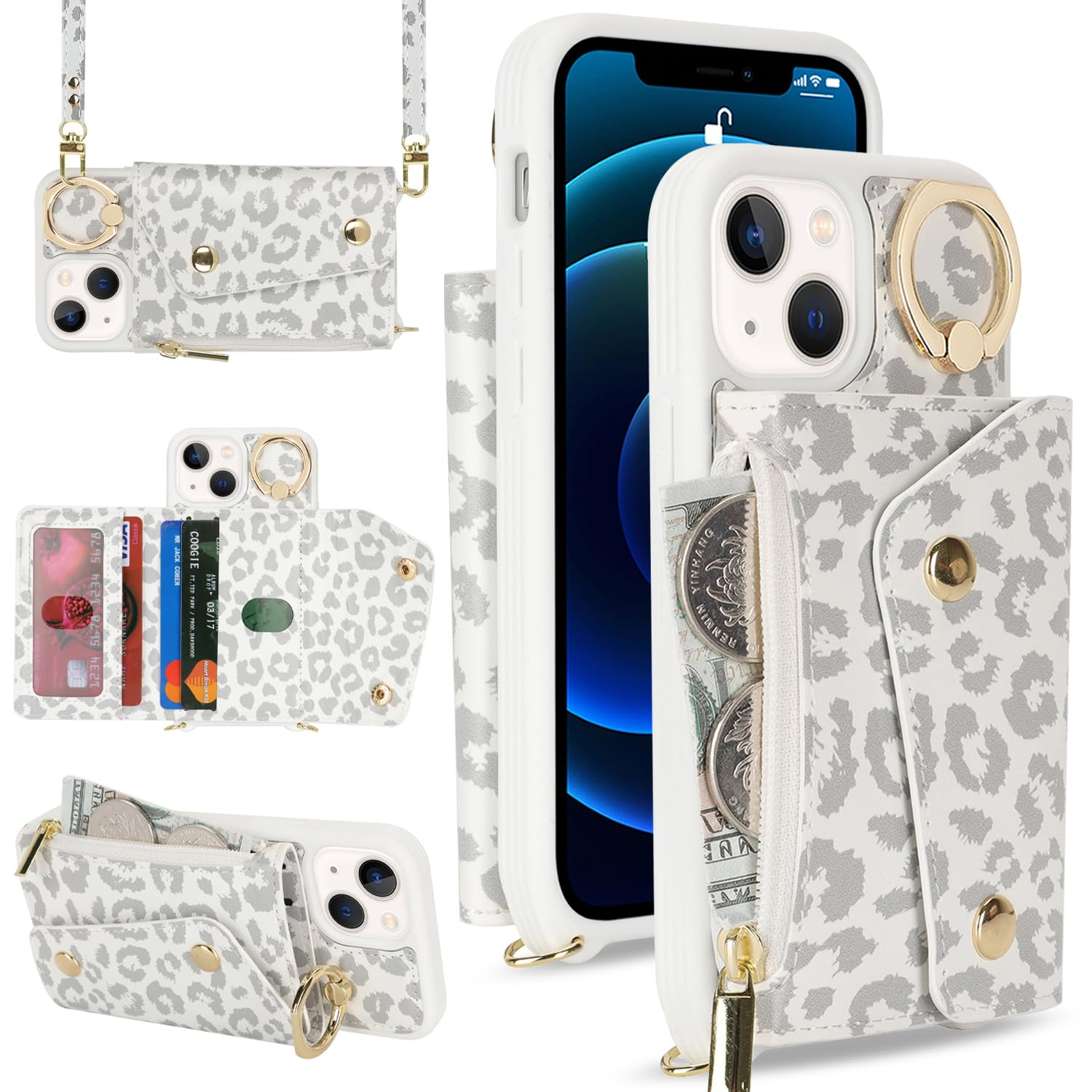 Lipvina For Iphone 13 Mini Case With Card Holder And Strap - Zipper Pocket,Crossbody Lanyard Strap,Credit Card Holder,Stand Ring