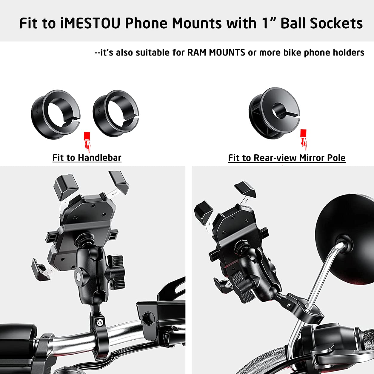 Imestou Aluminium 1'' Ball Mount Adapter, Imesotu Ball Base Fits To Handlebar Diameter 0.86'' 1'' 1.26'' Or Rear View Mirror Pol
