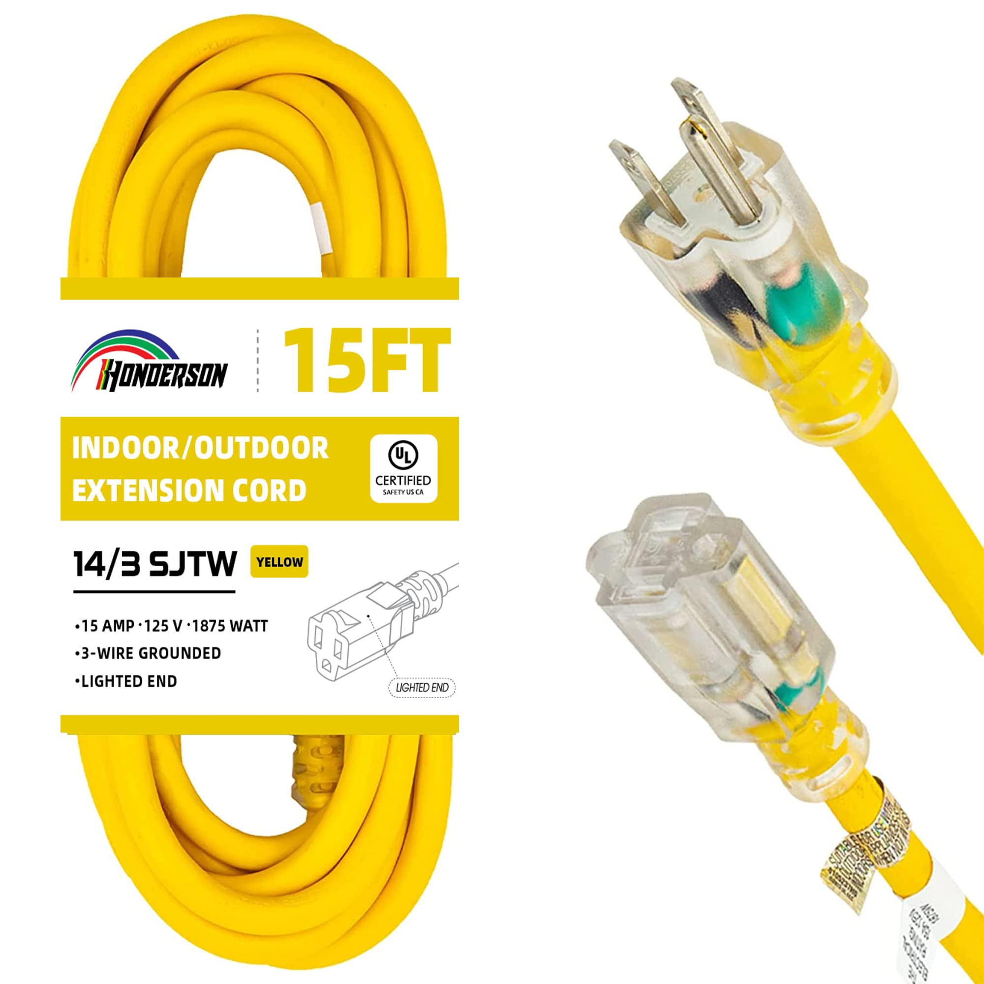 Honderson Indoor Outdoor Extension Cord Weatherproof With Lighted End, Ul Listed, 14 Gauge 15Ft Yellow 3 Prong Heavy Duty Extens