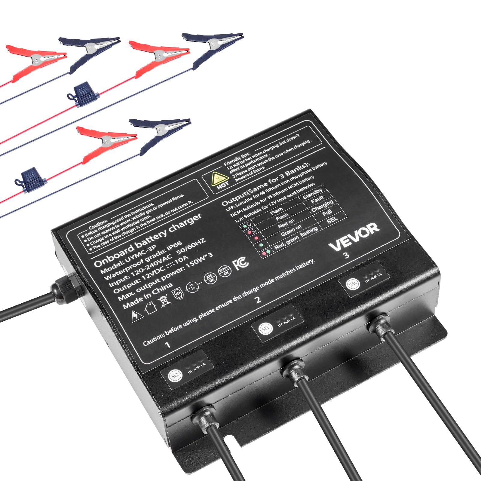 VEVOR Marine Battery Charger, 3-Bank, 10A x 3, 12V Onboard Battery Charger, IP68 Waterproof Smart Boat Charger, for Lithium-Ion 
