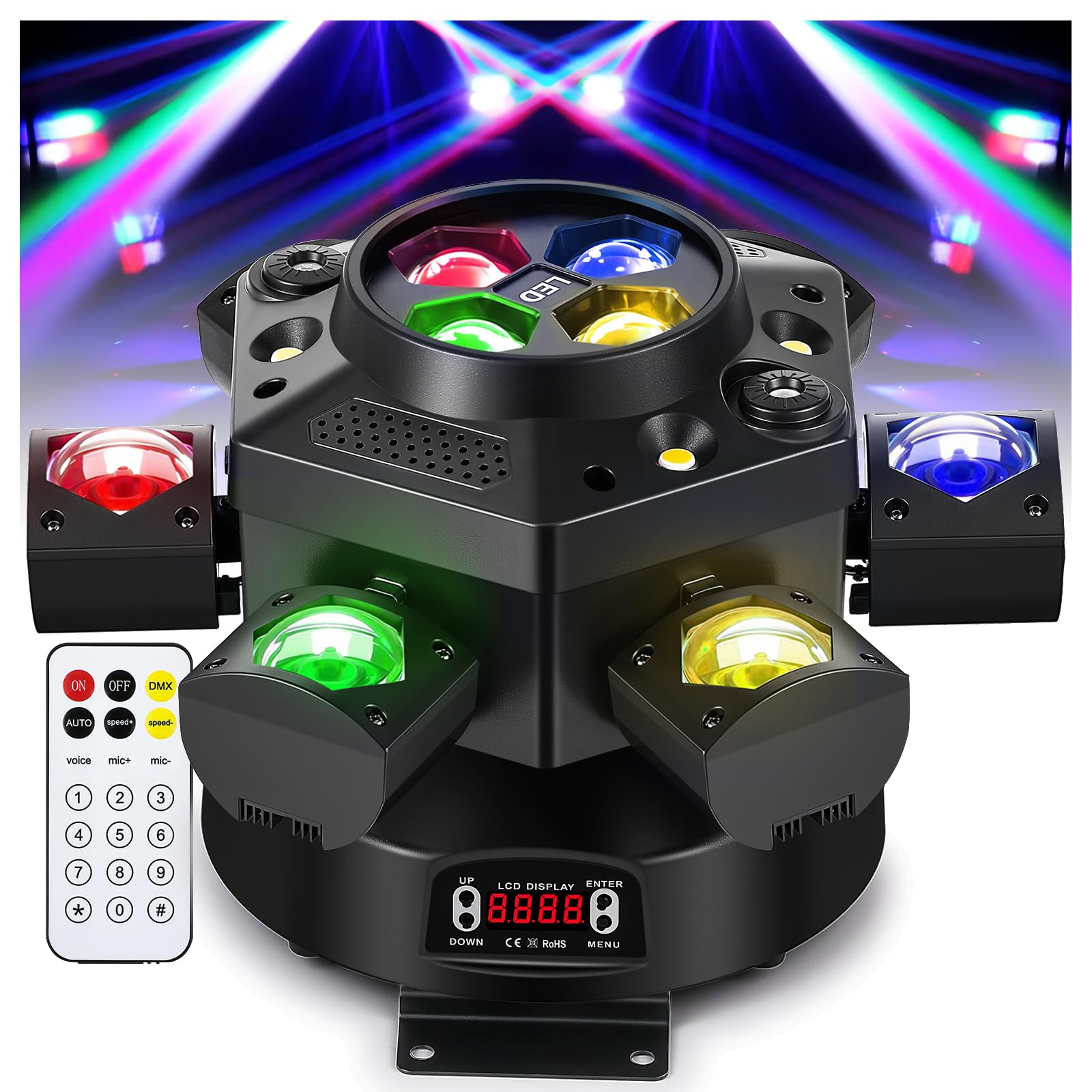 Moving Head DJ Lights, Spolehli 150W RGBW LED Stage Light with 6 Arms Beam, Bee-Eye Light with Mixed Lighting Effects, Sound Act