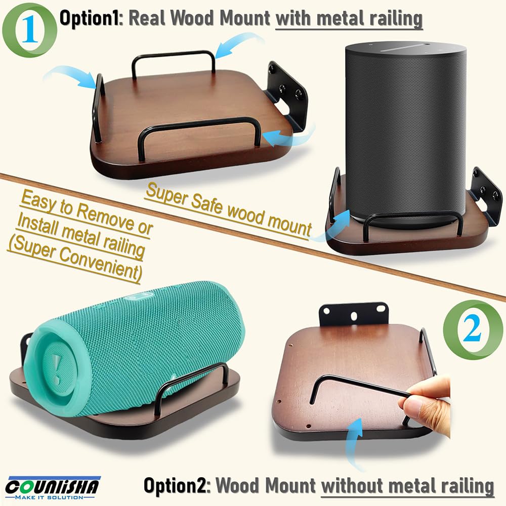 Counlisha Universal Speaker Wall Mount For Roku Speaker,Homepod 2Nd,Adjustable Real Wood Wall Bracket Holder Shelves For Homepod Mini,Bose,Jbl,Sonos,Sony,Kef (Walnut)