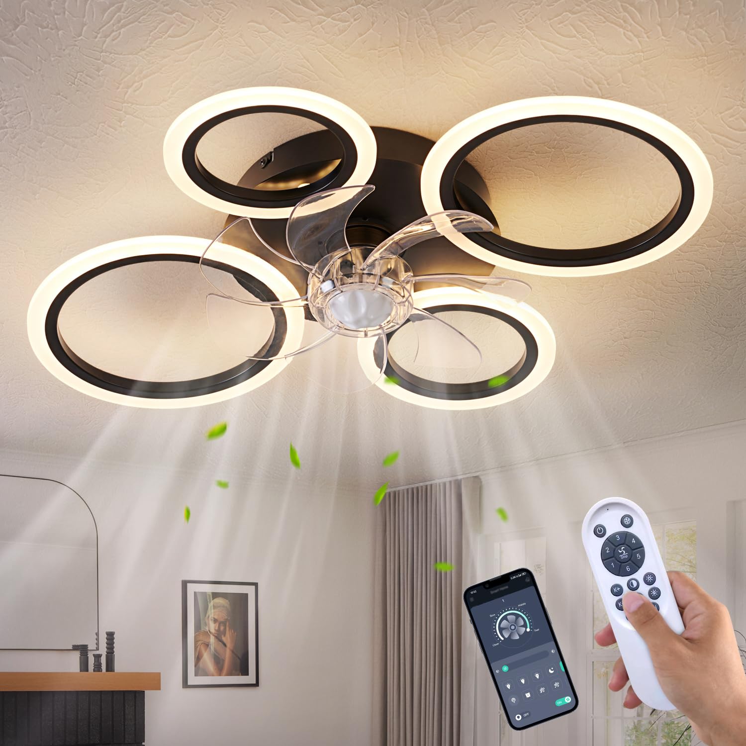 HuixuTe 26 Geometric Ceiling Fan with Lights Remote Control, 3 Colors, 6 Speeds, Bladeless, Low Profile for Kitchen, Bedroom