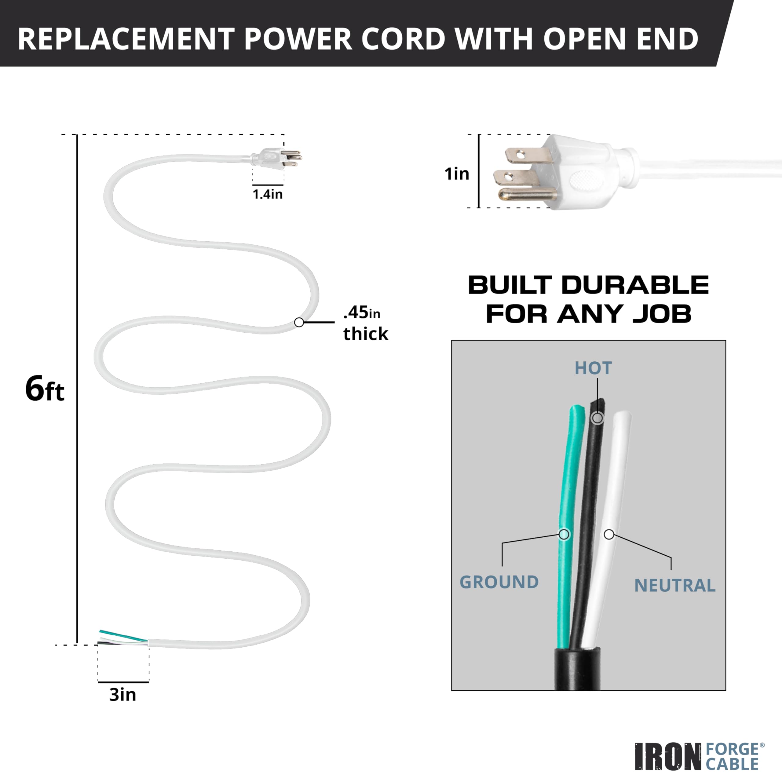 Iron Forge Cable 12 Gauge Power Cord Replacement   6Ft,15 Amp White Heavy Duty Extension Cord, 12/3 Sjt 3 Prong Electric Cable