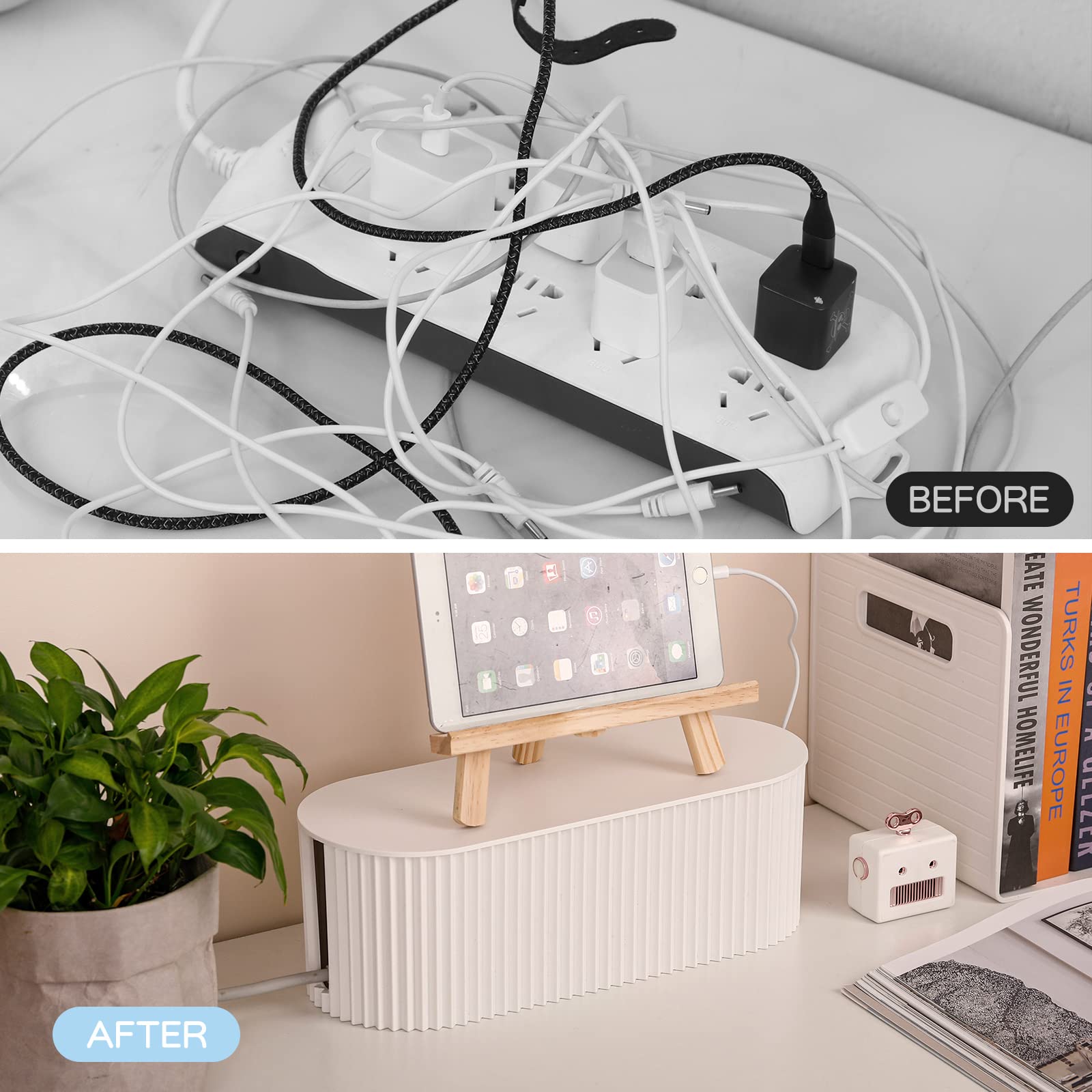 FABROK Cable Management Box for Power Strips TV Computer Wires Plastic White Large with 10 Cable Ties