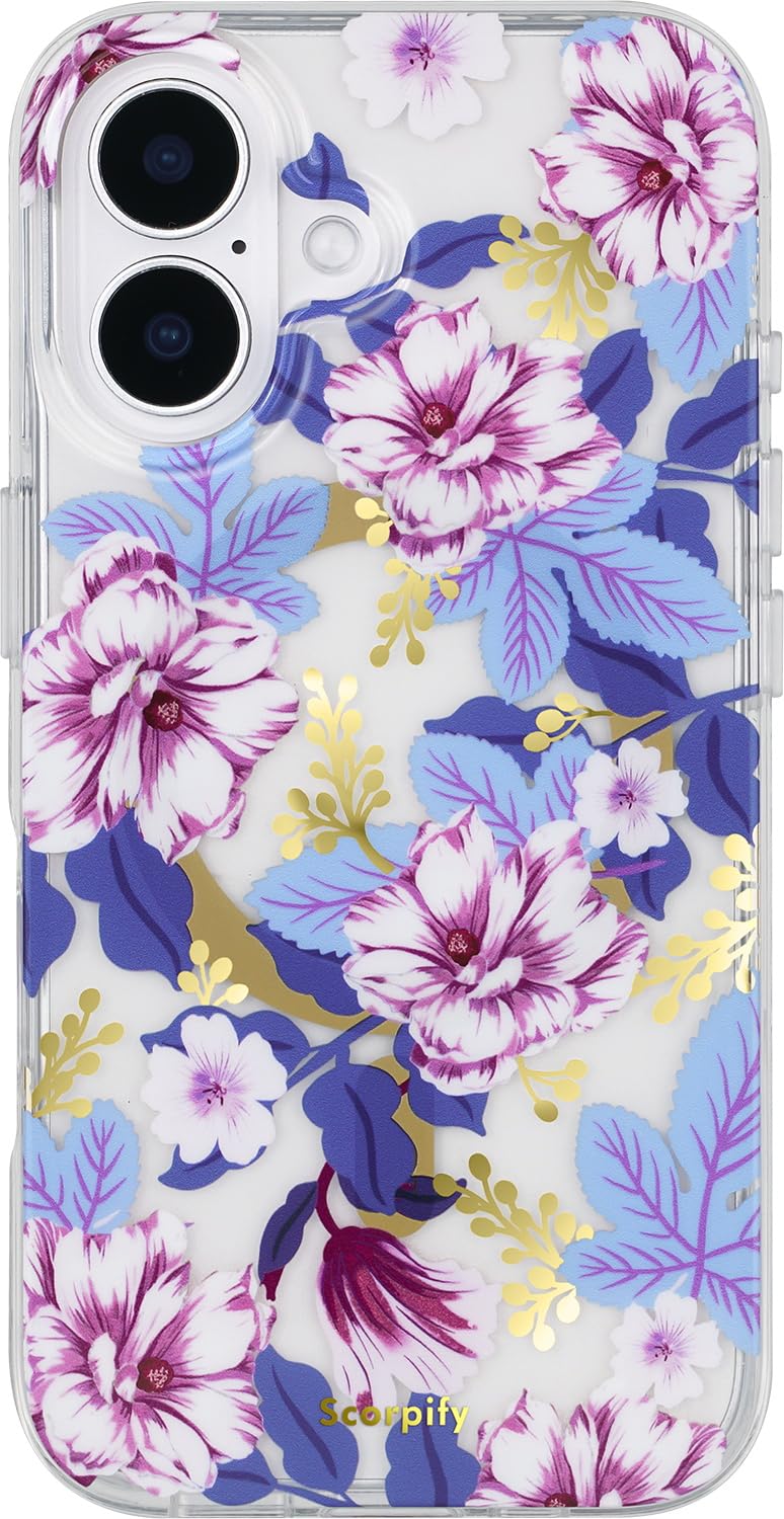 Scorpify For Iphone 16 Case [Compatible With Magsafe] With Purple Hibiscus Floral Design, Cute Clear Flower Magnetic Phone Cover