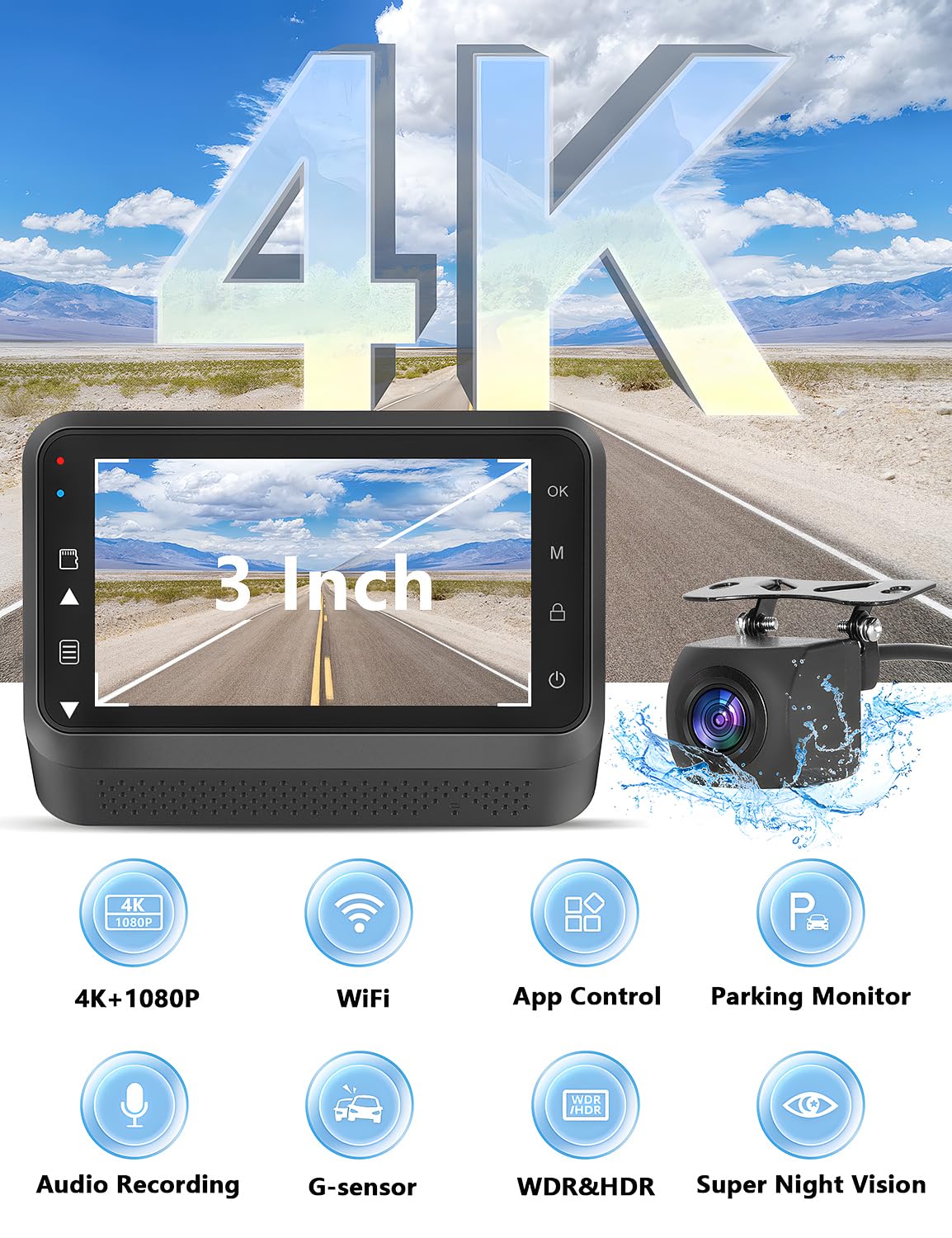 Dash Cam Front And Rear Camera, 4K+1080P Wifi Dual Dash Cam With App, 3 Ips Dash Camera For Cars With Free 64Gb Card, Otovoda Da