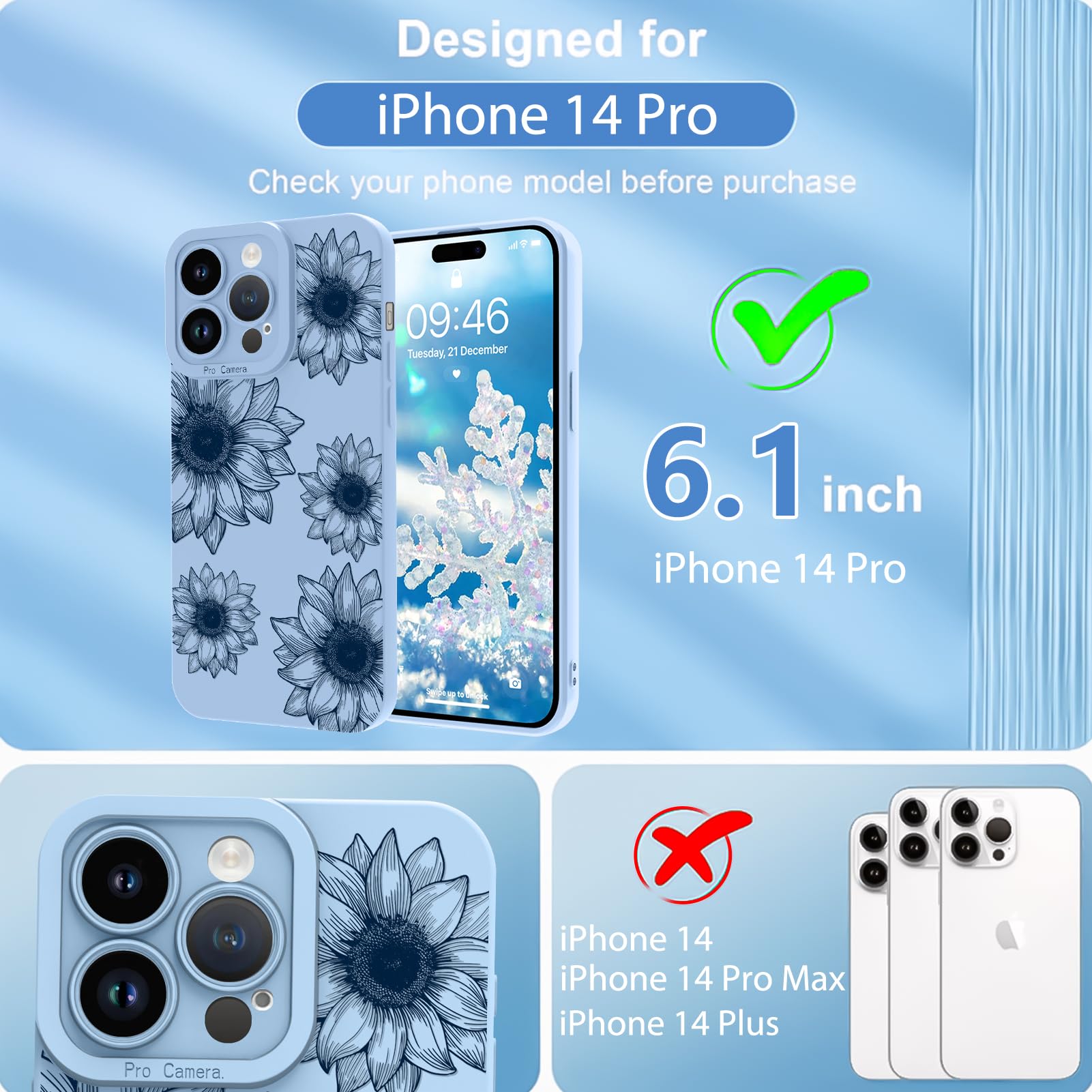 Ook Floral Case For Iphone 14 Pro Case, Cute Sunflower Floral Blooms Design Soft Tpu Shockproof Protective For Women Girls Slim