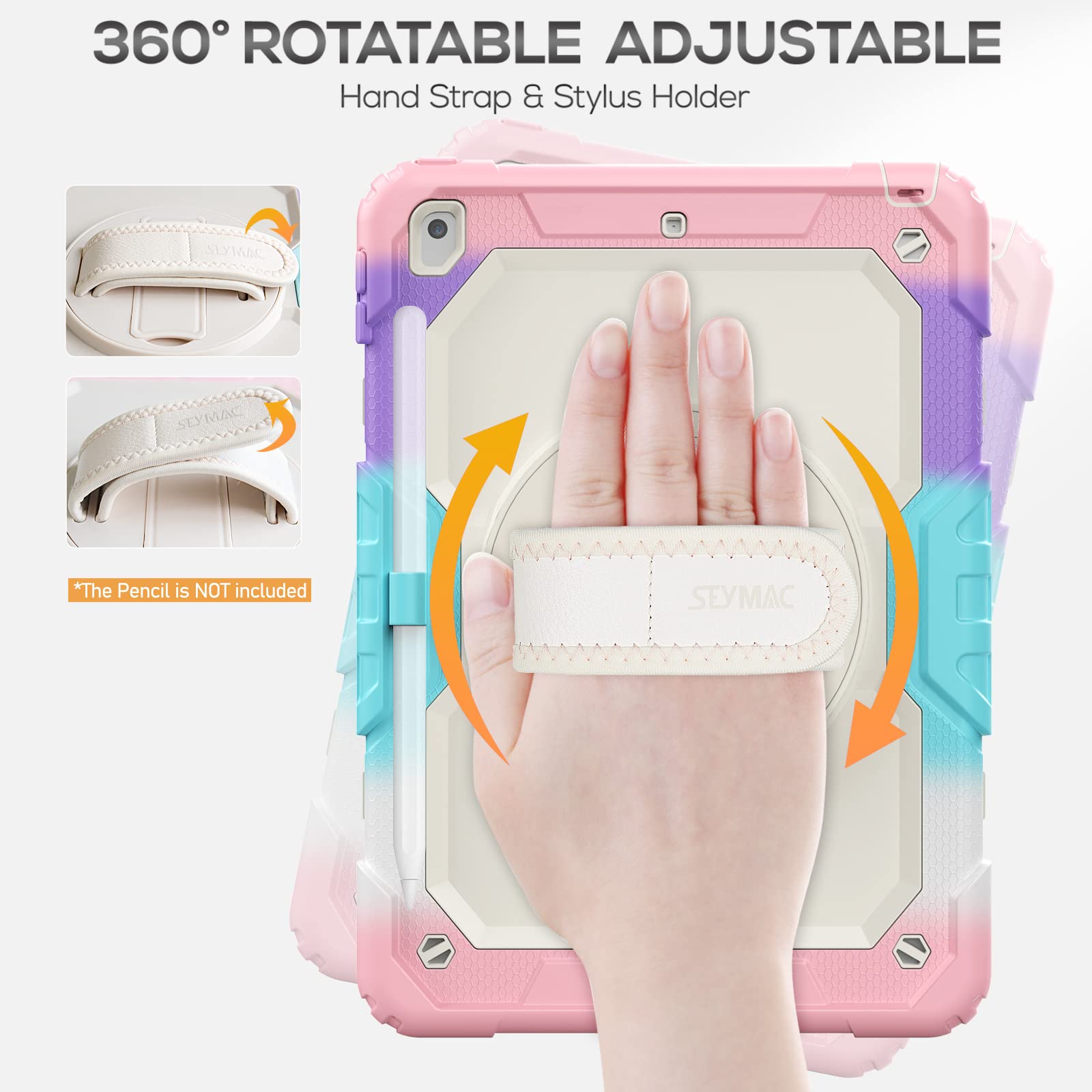 Seymac Kids Case For Ipad 9Th/8Th/7Th Generation Case 10.2', Full Body Shockproof Heavy Duty Protective Case With Screen Protector, Rotating Stand/Handle/Shoulder Strap For Ipad 10.2, Colorful Pink