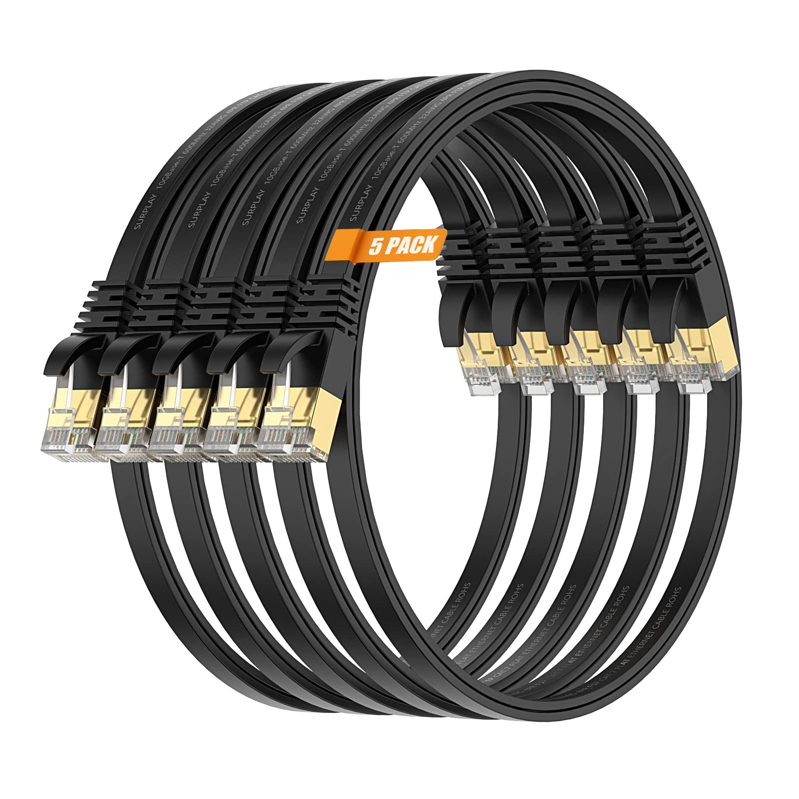 Surplay Cat7 5Pack 3Ft Ethernet Cable Black 10Gbps Shielded & Ground Wire Internet Network Flat Patch Cord,Ultra Slim Gold Plate