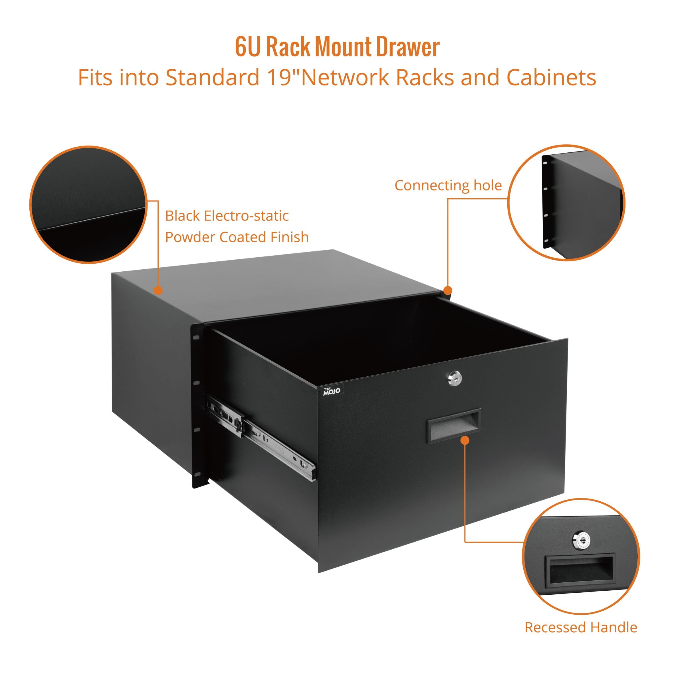 Tecmojo 6U Locking Rack Mount Drawer   22Lb (10 Kg) Secure Lockable Steel Storage Rack Drawer For 19'' Network Equipment/Server/
