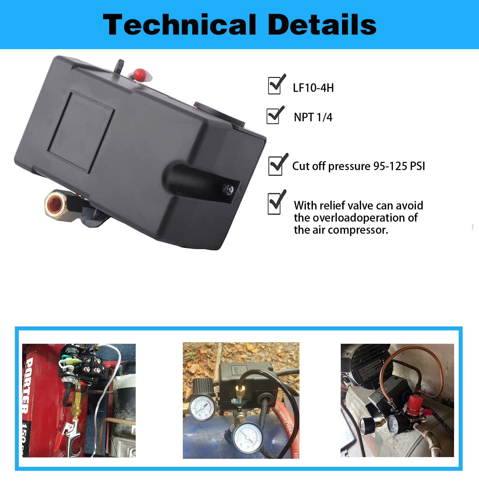 Lf10 4H Pressure Switch, 4 Port Air Compressor Pressure Switch Replacement Control Npt1/4 95 125 Psi 20A