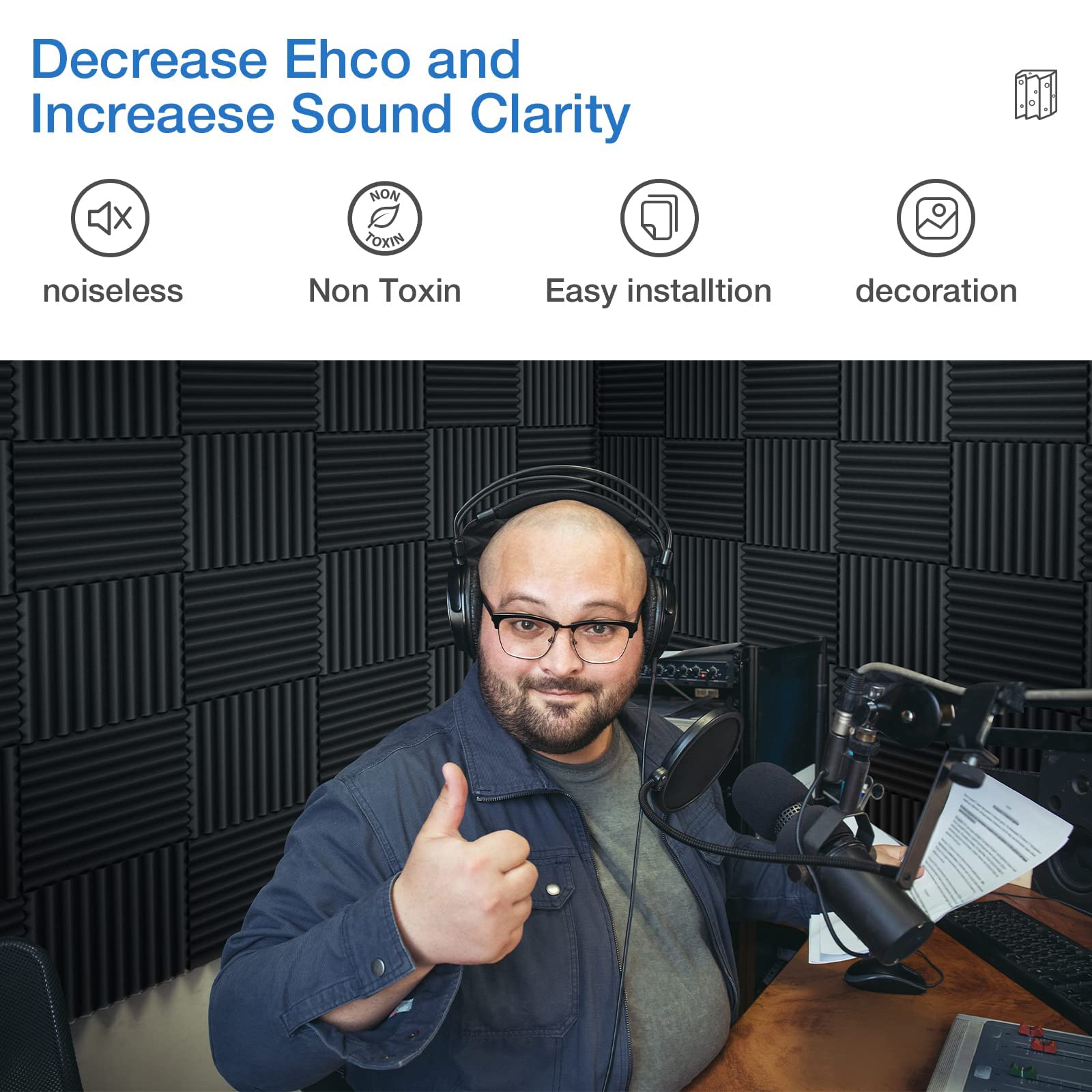 12 Pack Acoustic Panels Self Adhesive, 1'' X 12'' X 12'' Quick Recovery Sound Proof Foam Panels, Acoustic Foam Wedges High Densi