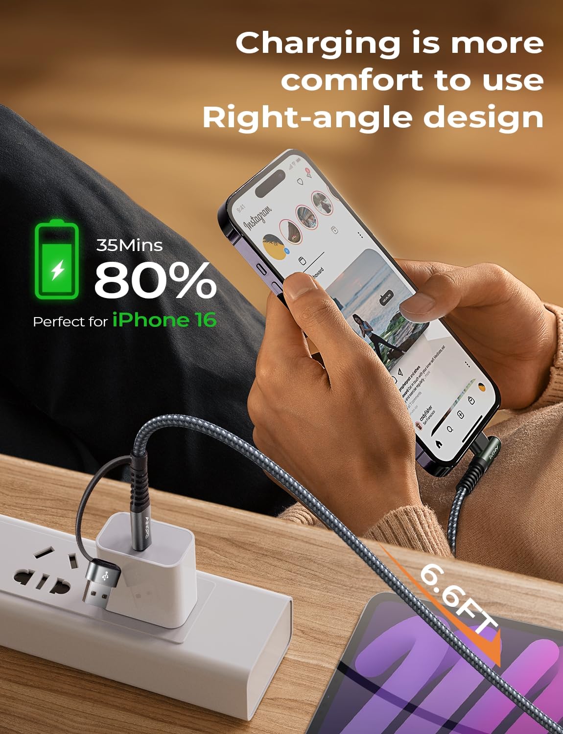 Ainope 2 ???????? Usb C Cale For Iphone 16,60W Fast Charging Cable For Ipad Charger And Usb C To Usb C Devices,6.6Ft Right Angle