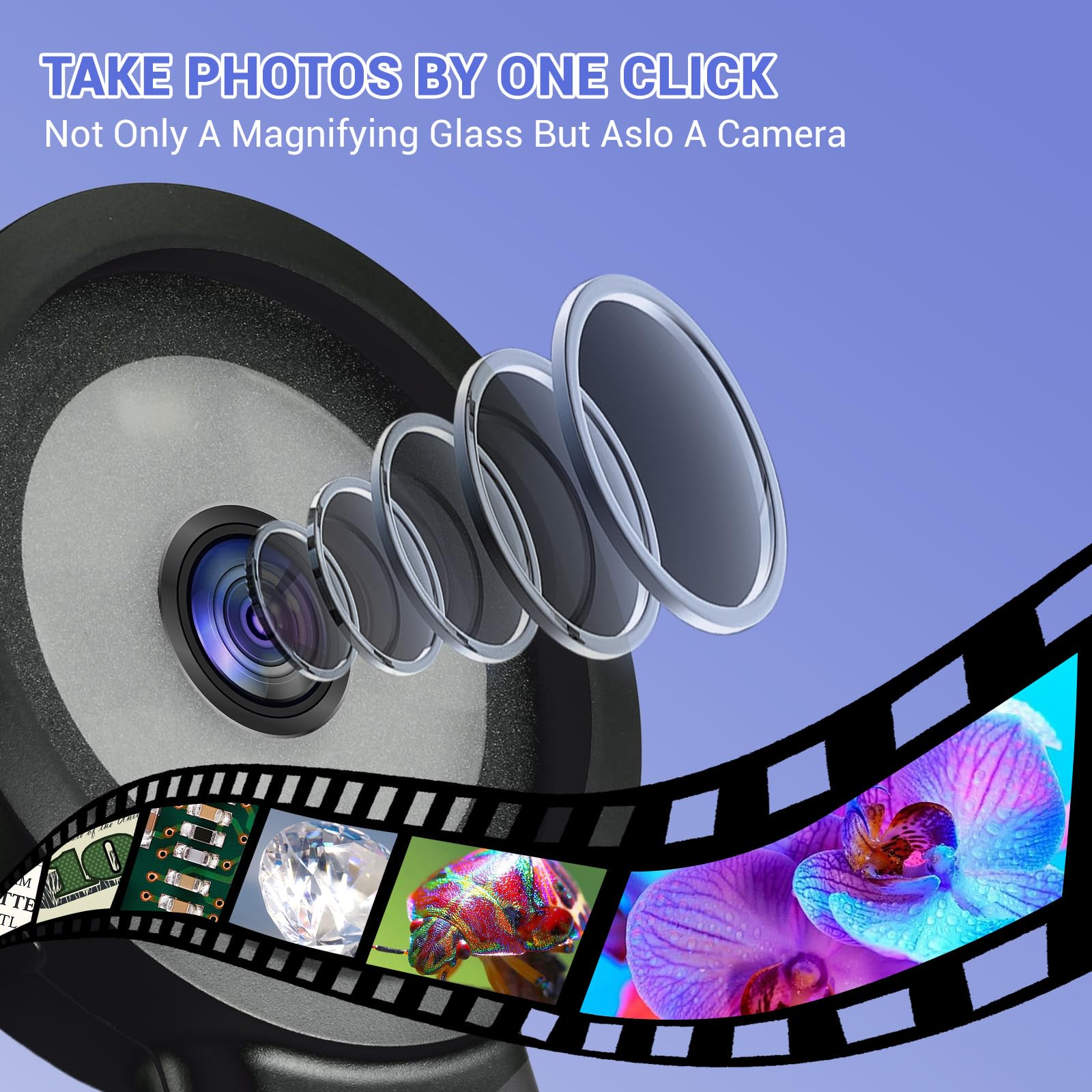 Gamkii Digital Magnifier 100X Handheld Magnifying Glass With 2Inch Ips Screen, White &Purple Light And Camera Function For Insec