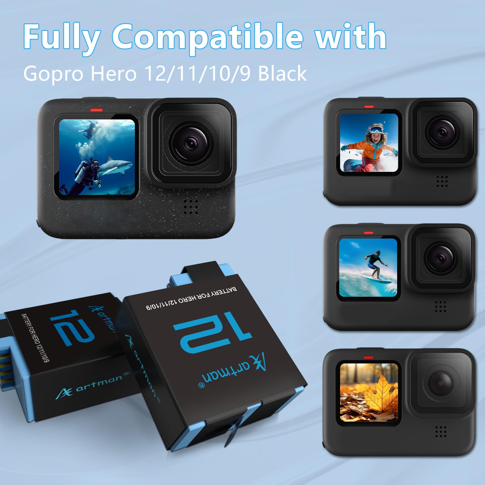 Artman Replacement Batteries 1800Mah (2 Pack) For Gopro Hero 12, Hero 11, Hero 10, Hero 9 Black And 3 Channel Quick Charger, Ful