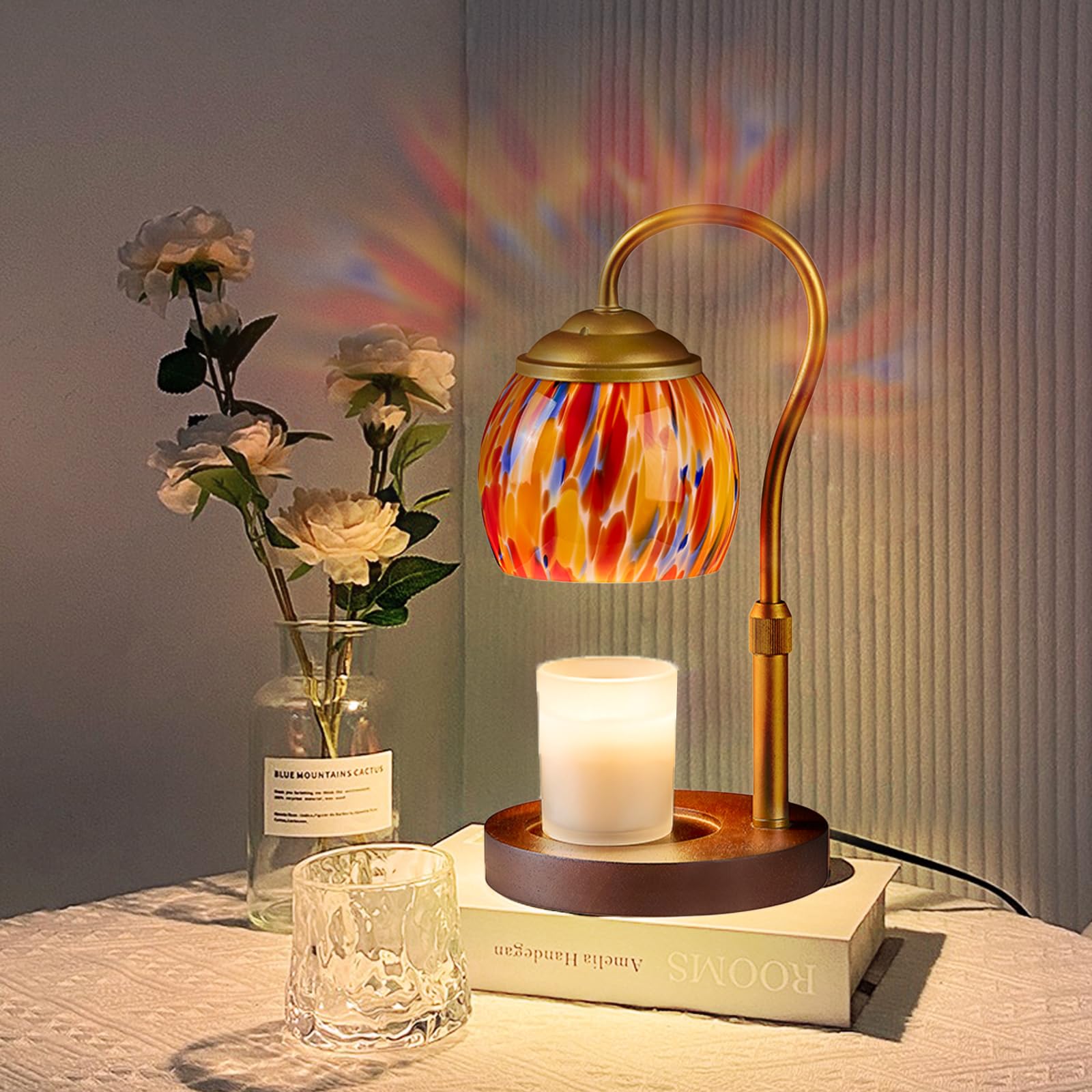 GlitzLamp Elegance Red Candle Warmer Lamp with 2 Bulbs - Campfire-Glow Height-Adjustable, Blown Glass Shade & Wood Base, No Asse
