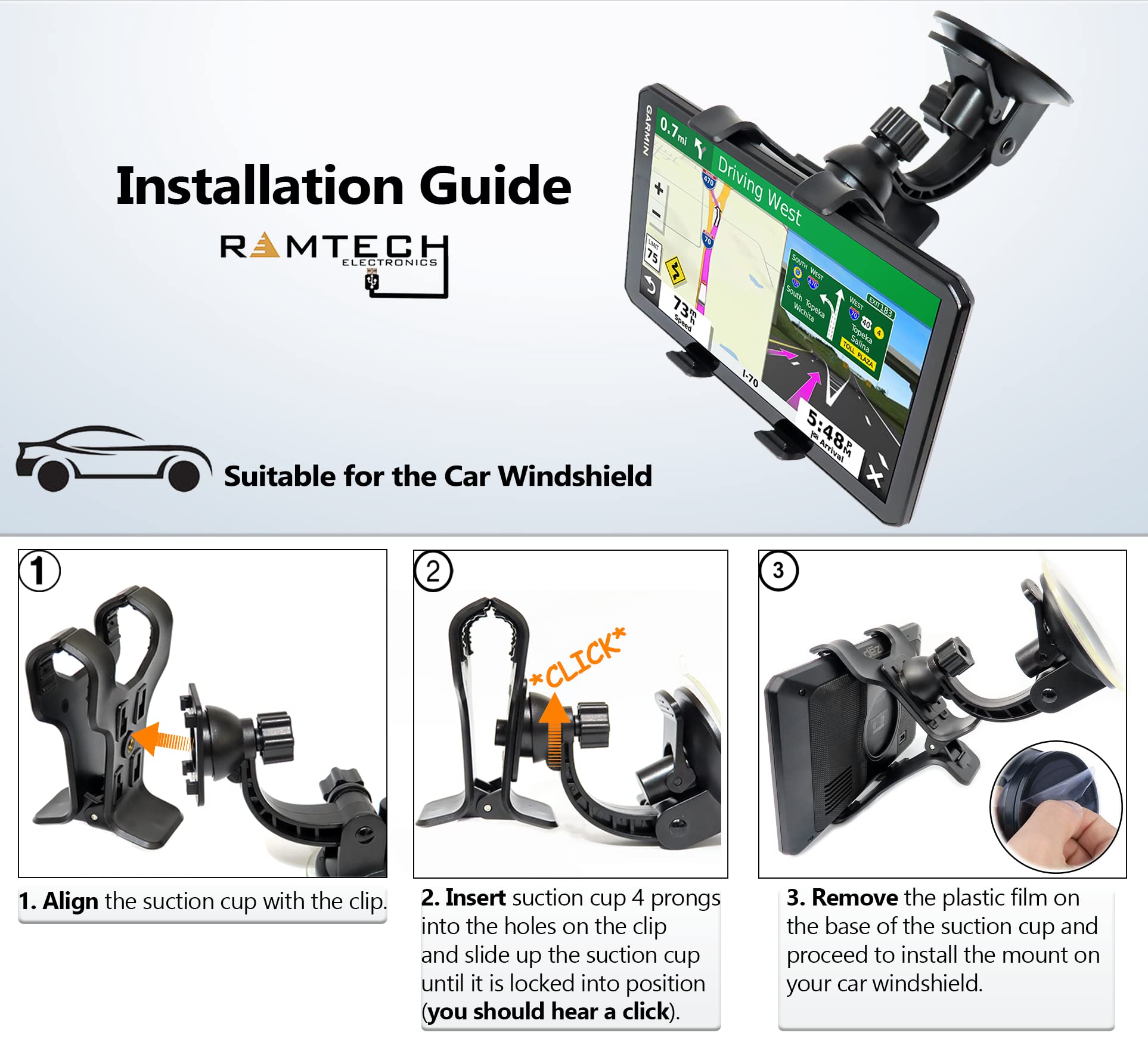 Ramtech Universal Car Gps Windshield Dual Clip Mount, Suction Cup Holder With 360 Rotating Bracket, Compatible With Magellan Roa