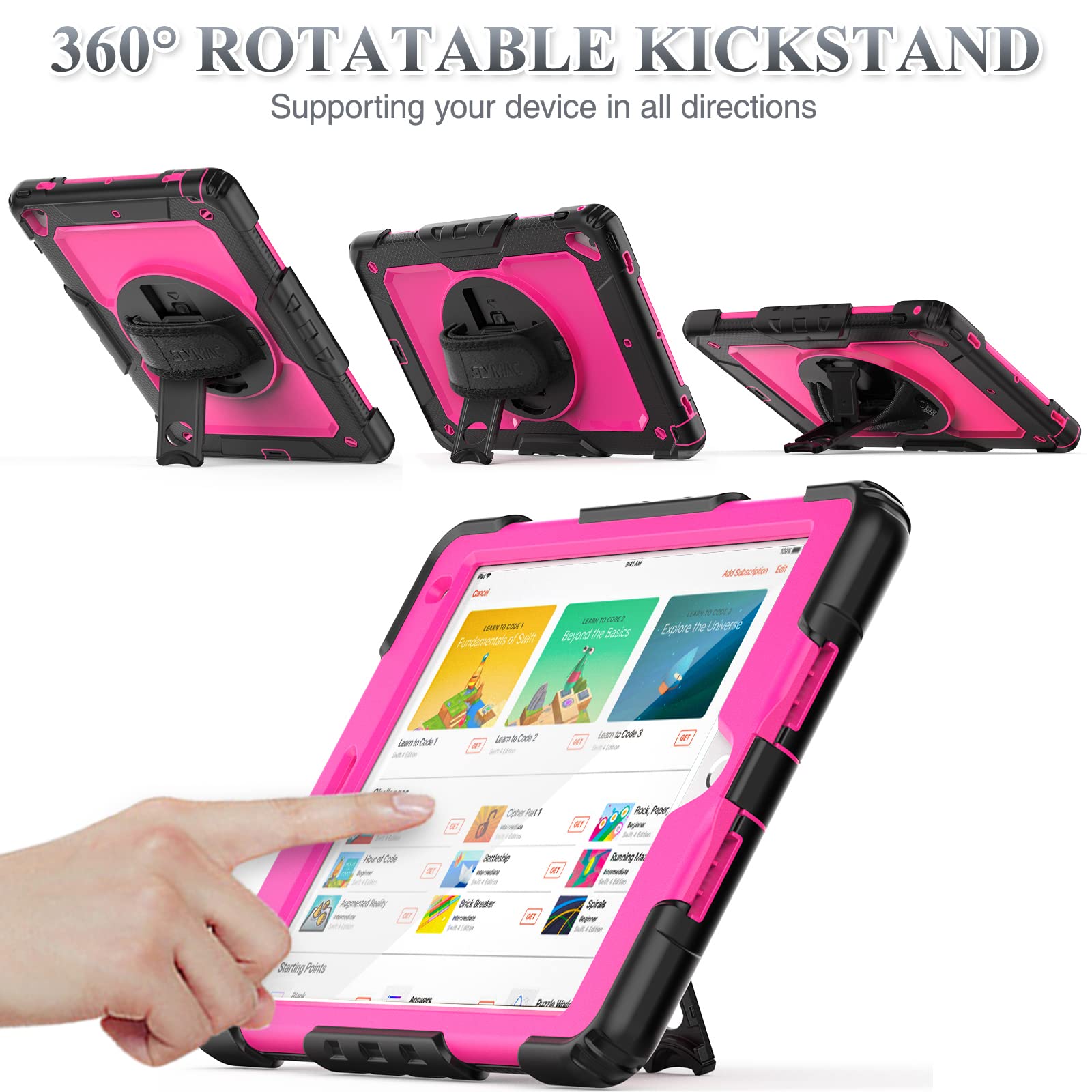 Seymac Stock Case For Ipad 6Th/5Th Generation Case 9.7'' With Screen Protector Pencil Holder [360 Rotating Hand Strap] &Stand, D