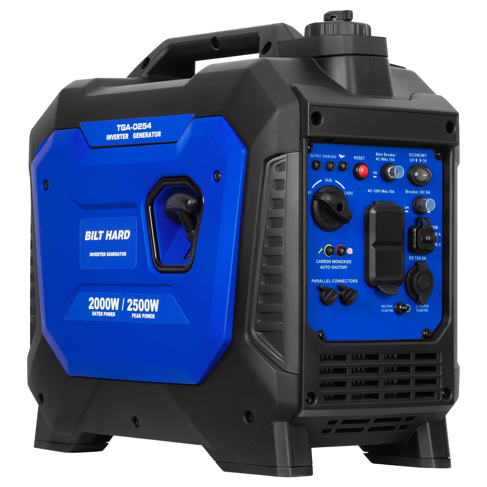 BILT HARD Gas Generator 2500W, 80cc 4 Stroke Quiet Inverter Generator with CO Sensor, Parallel Ready,120V AC Duplex Receptacle a