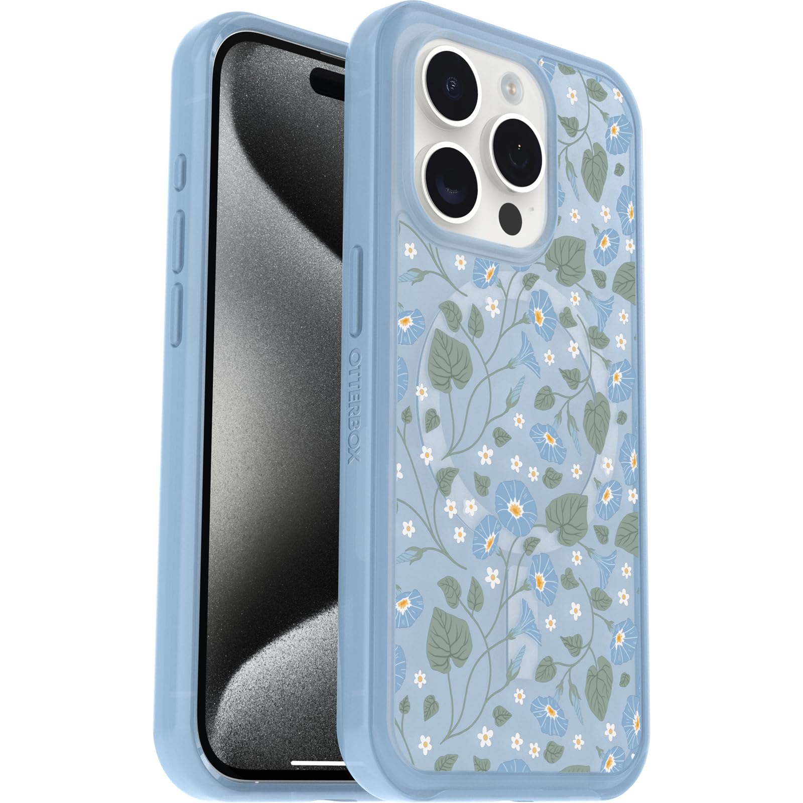Otterbox Iphone 15 Pro (Only) Symmetry Series Clear Case   Dawn Floral (Blue), Snaps To Magsafe, Ultra Sleek, Raised Edges Prote