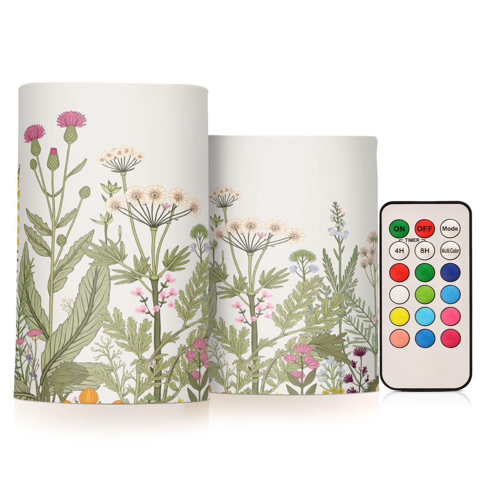 BOENLE Flickering Flameless Candles, Flowers Herbs Wildflowers Botanical LED Candles with Remote Timer, Set of 2 Battery Operate