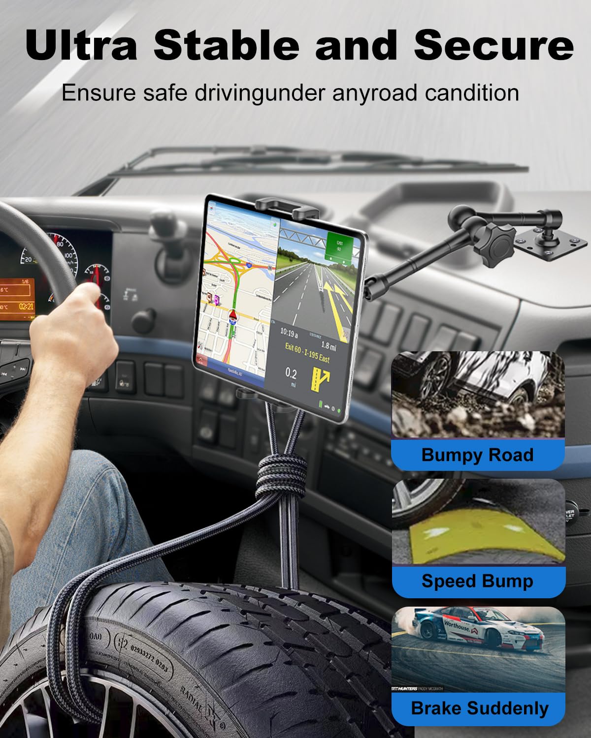 Kolasels Industrial Tablet Holder For Car/Truck/Vehicle [Metal Magic Arm] Heavy Duty Drill Base Tablet Car Mount For Dashboard/B