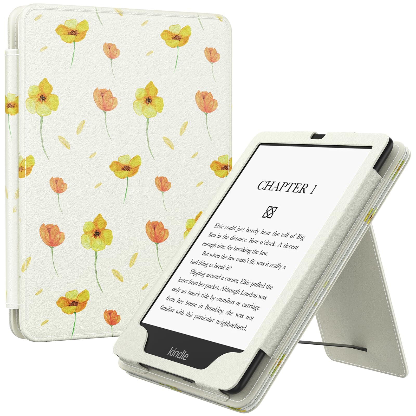 MoKo Case for 7'/6.8' Kindle Paperwhite(12th/11th Generation 2024/2021) and Kindle Colorsoft Signature Edition,Slim PU Shell Cover Case with Auto Wake/Sleep for Kindle Paperwhite 2024,Flowers on White