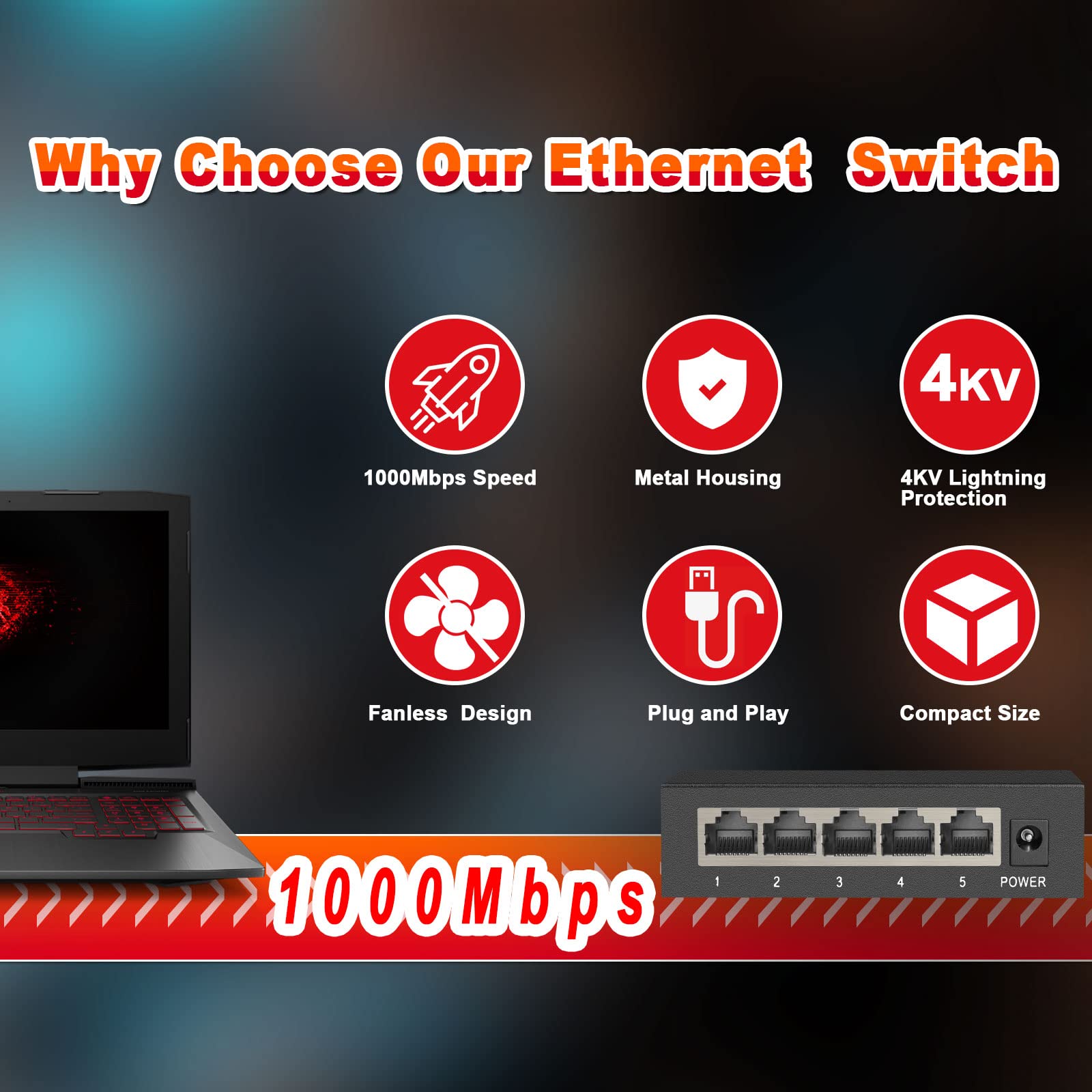 Ienron 5 Ports Gigabit Ethernet Switch, Unmanaged Network Switch,Ethernet Splitter | Plug & Play | Fanless Metal Design | Shield